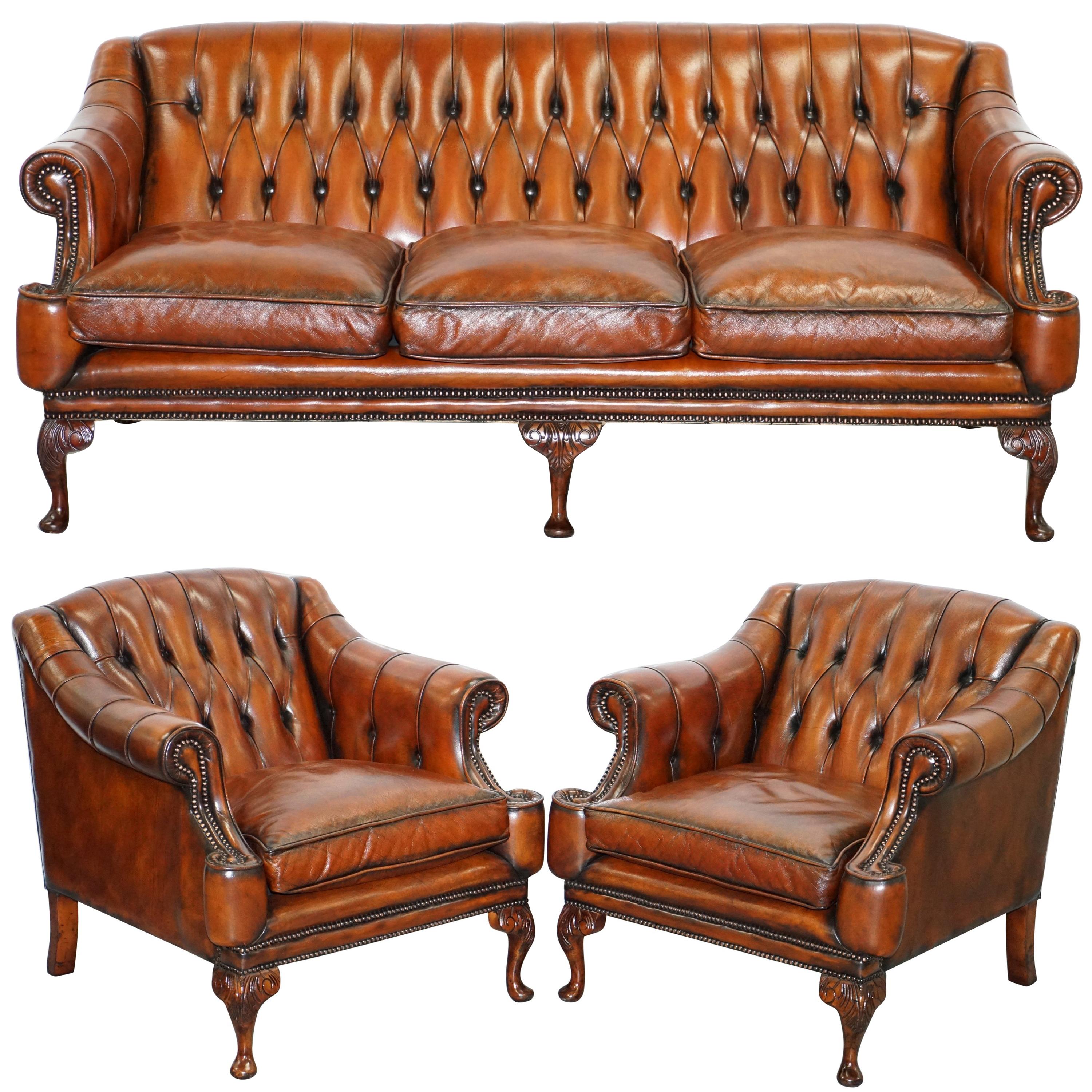 Restored Lutyen's Style Viceroy's Chesterfield Brown Leather Sofa and Armchairs