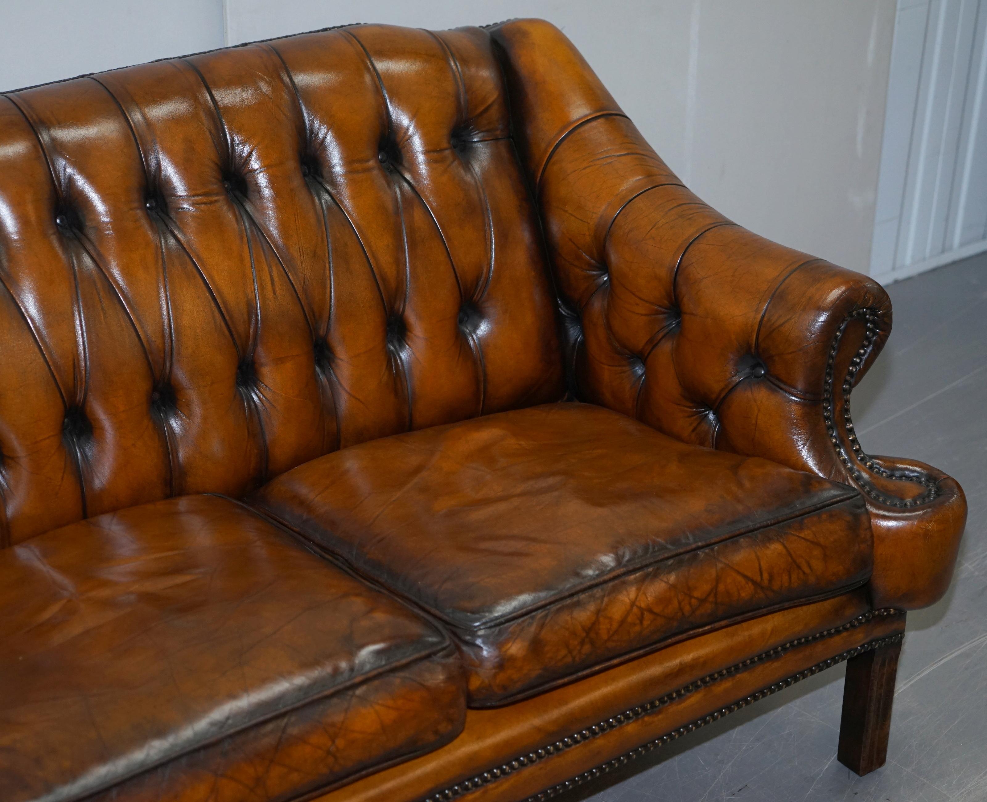 Restored Lutyen's Viceroy Style Chesterfield Brown Leather Hand Dyed 2-Seat Sofa 4