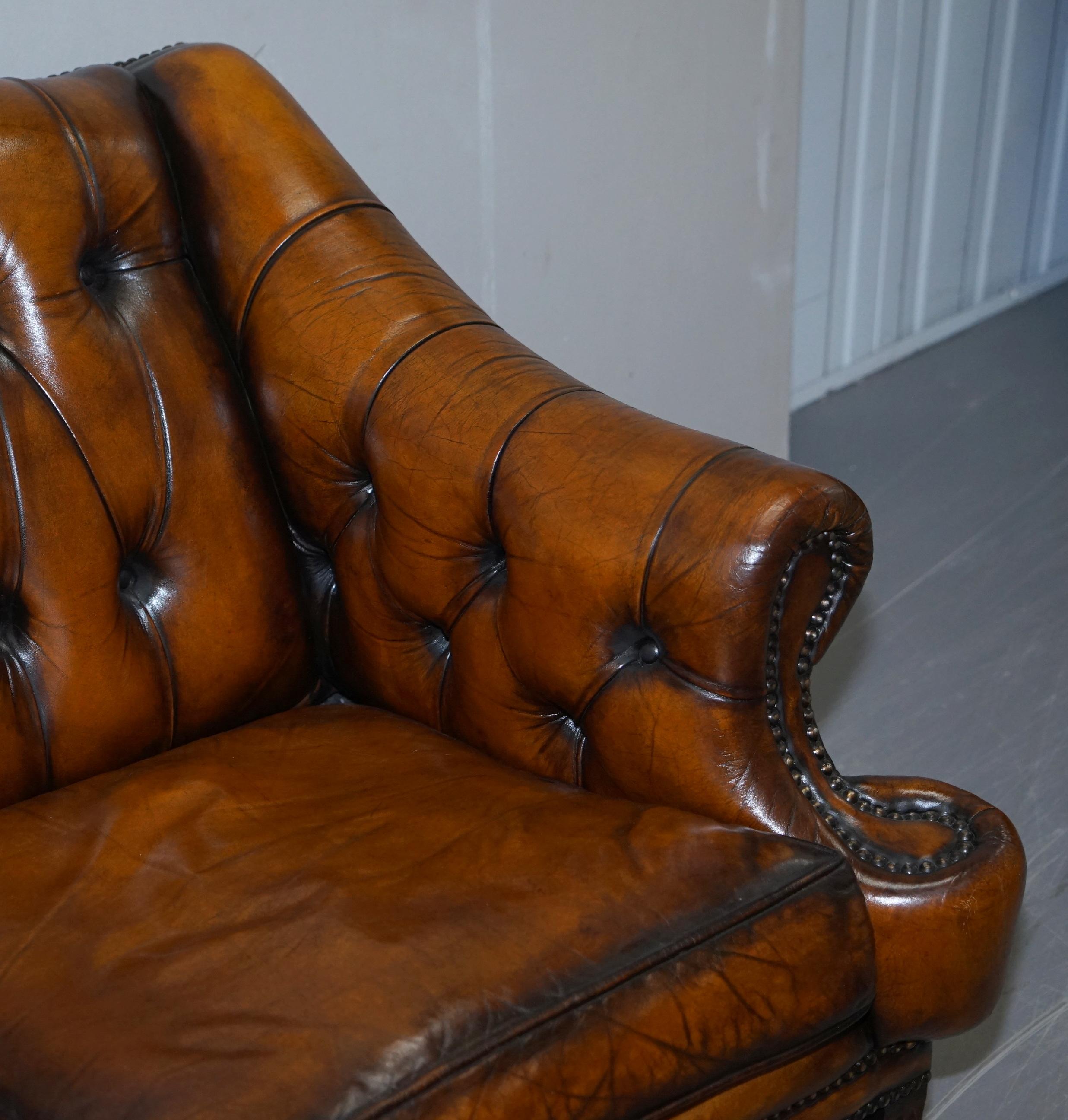 Restored Lutyen's Viceroy Style Chesterfield Brown Leather Hand Dyed 2-Seat Sofa 5