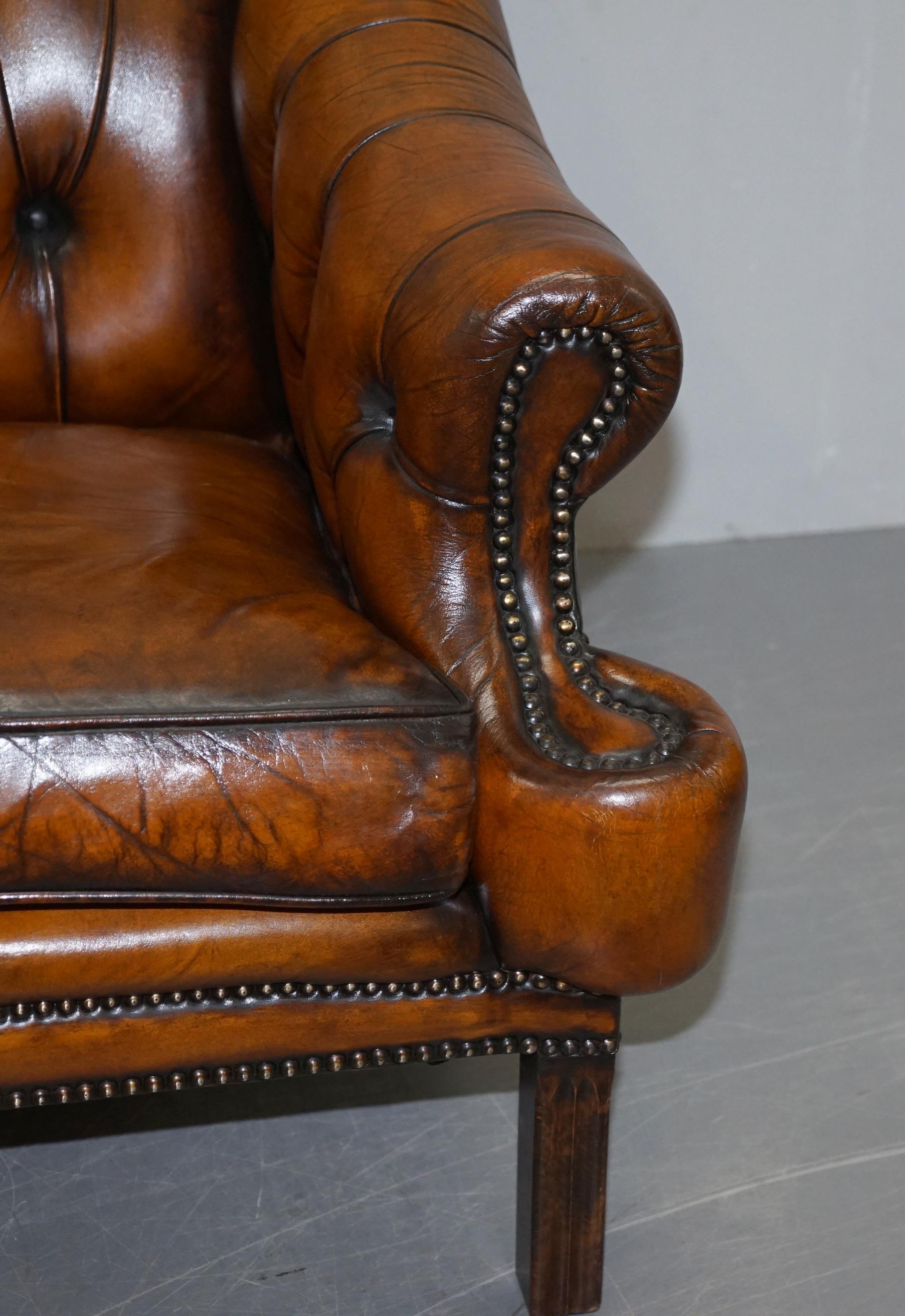 Restored Lutyen's Viceroy Style Chesterfield Brown Leather Hand Dyed 2-Seat Sofa 6
