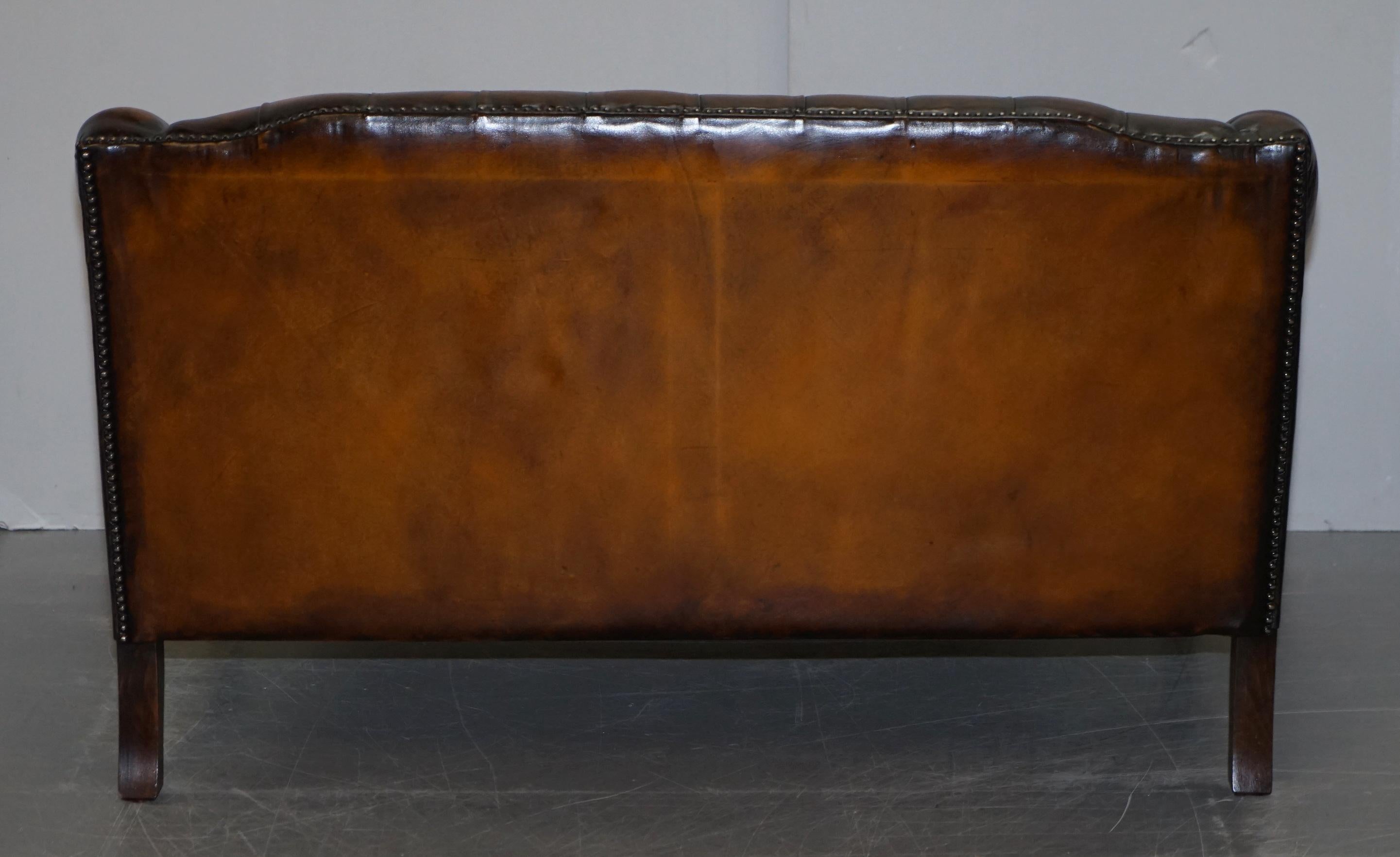 Restored Lutyen's Viceroy Style Chesterfield Brown Leather Hand Dyed 2-Seat Sofa 9