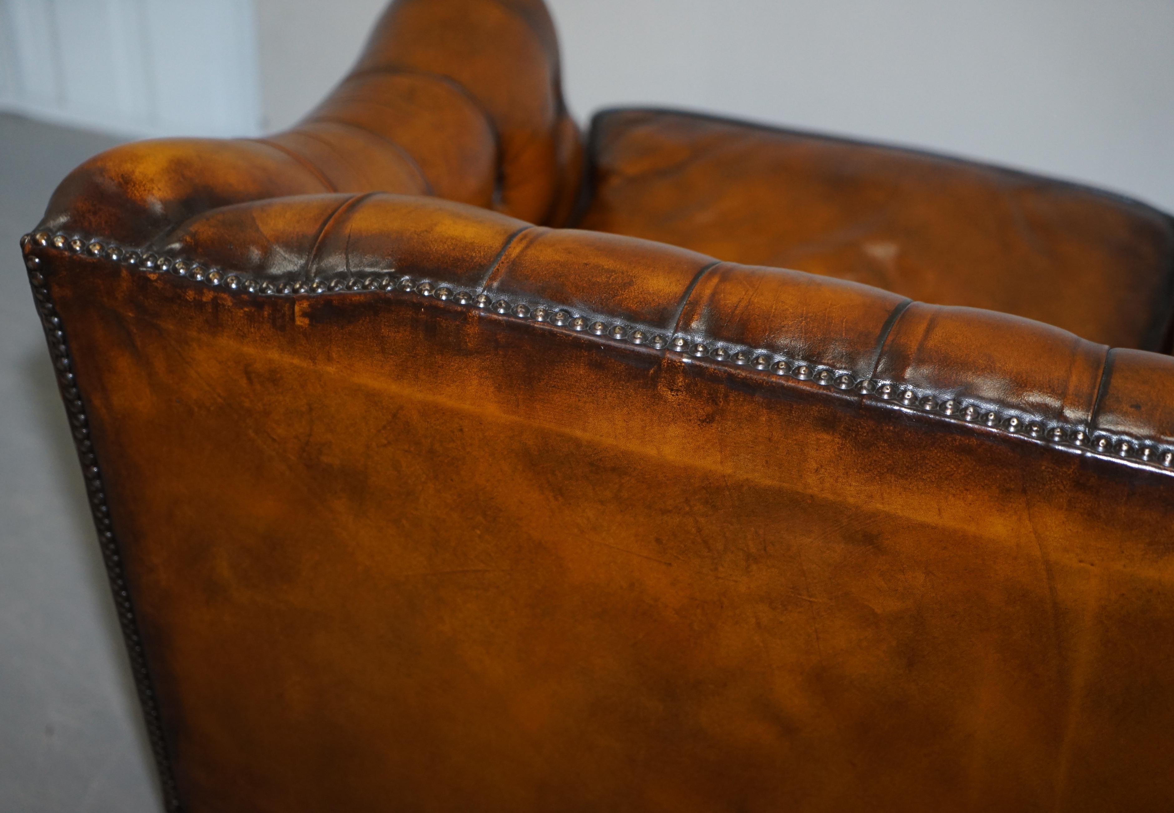 Restored Lutyen's Viceroy Style Chesterfield Brown Leather Hand Dyed 2-Seat Sofa 10