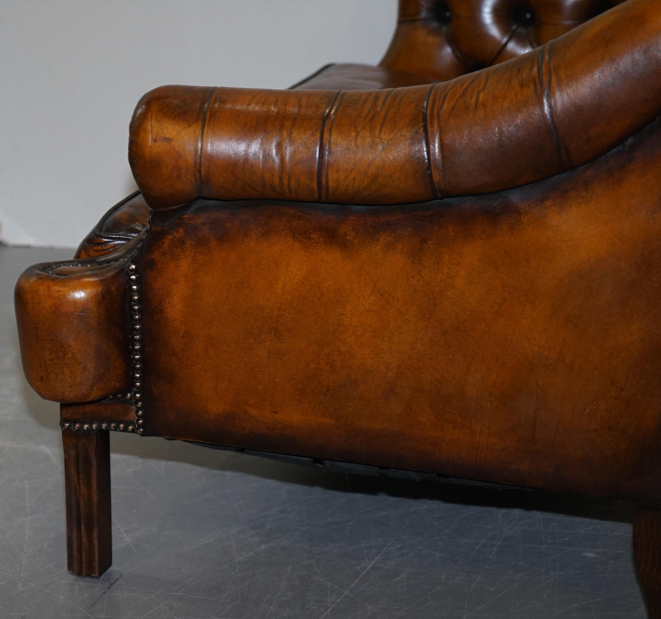 Restored Lutyen's Viceroy Style Chesterfield Brown Leather Hand Dyed 2-Seat Sofa 12