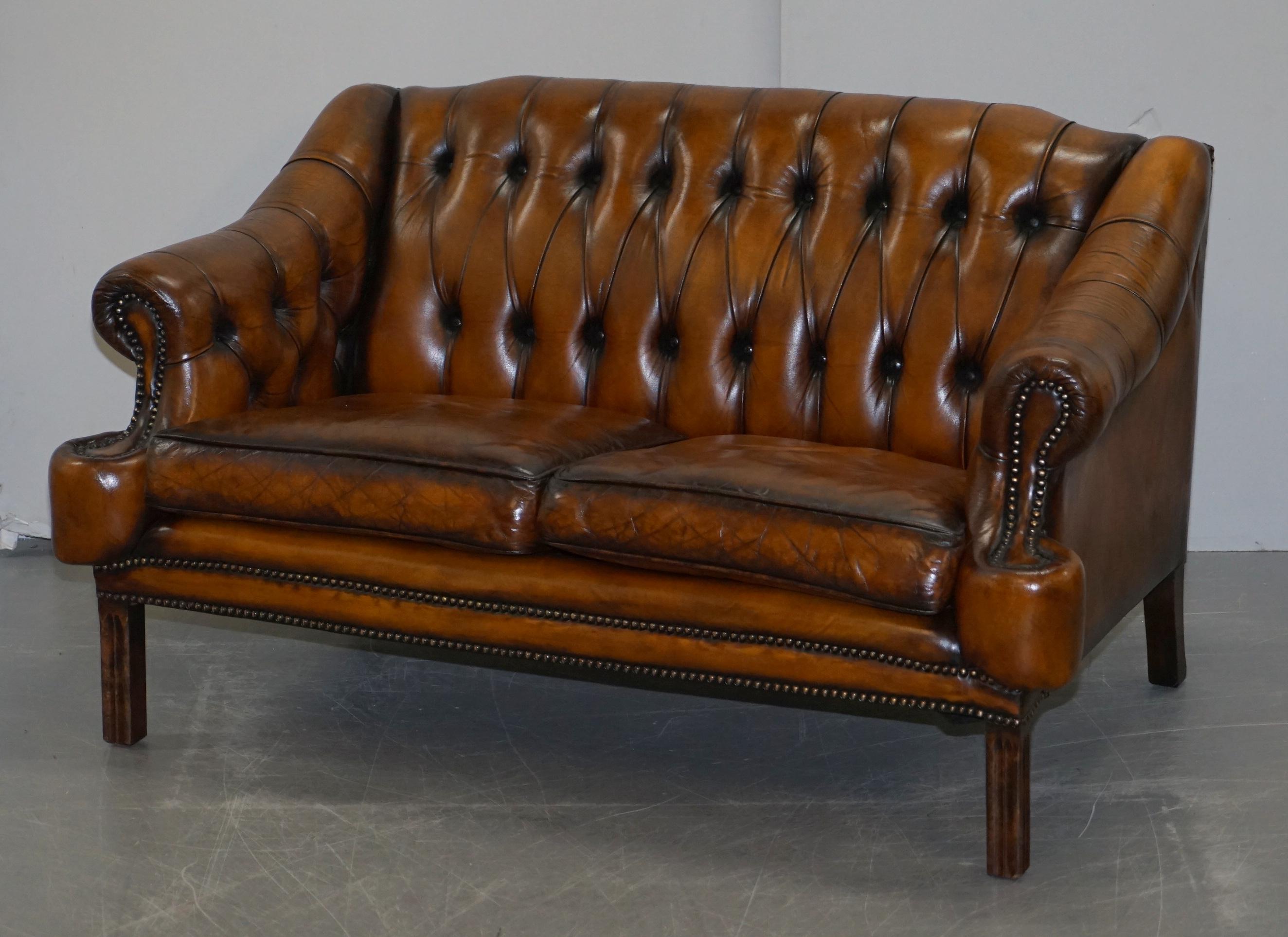Victorian Restored Lutyen's Viceroy Style Chesterfield Brown Leather Hand Dyed 2-Seat Sofa