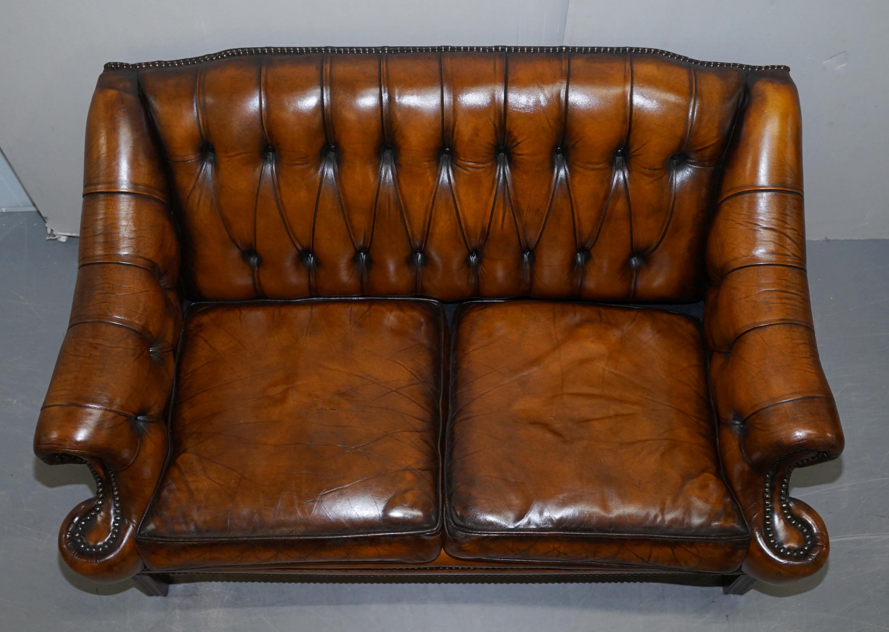 English Restored Lutyen's Viceroy Style Chesterfield Brown Leather Hand Dyed 2-Seat Sofa