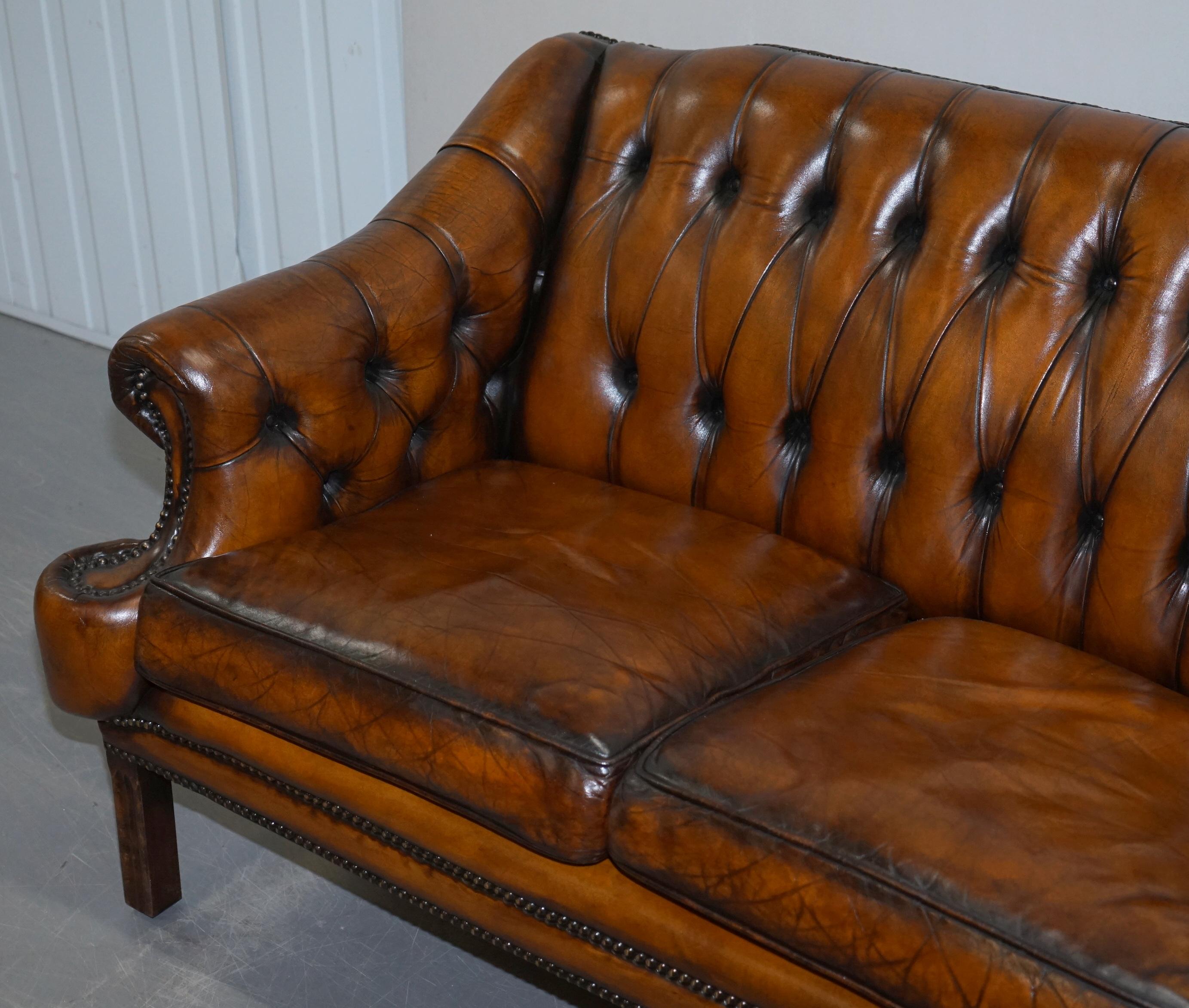 20th Century Restored Lutyen's Viceroy Style Chesterfield Brown Leather Hand Dyed 2-Seat Sofa