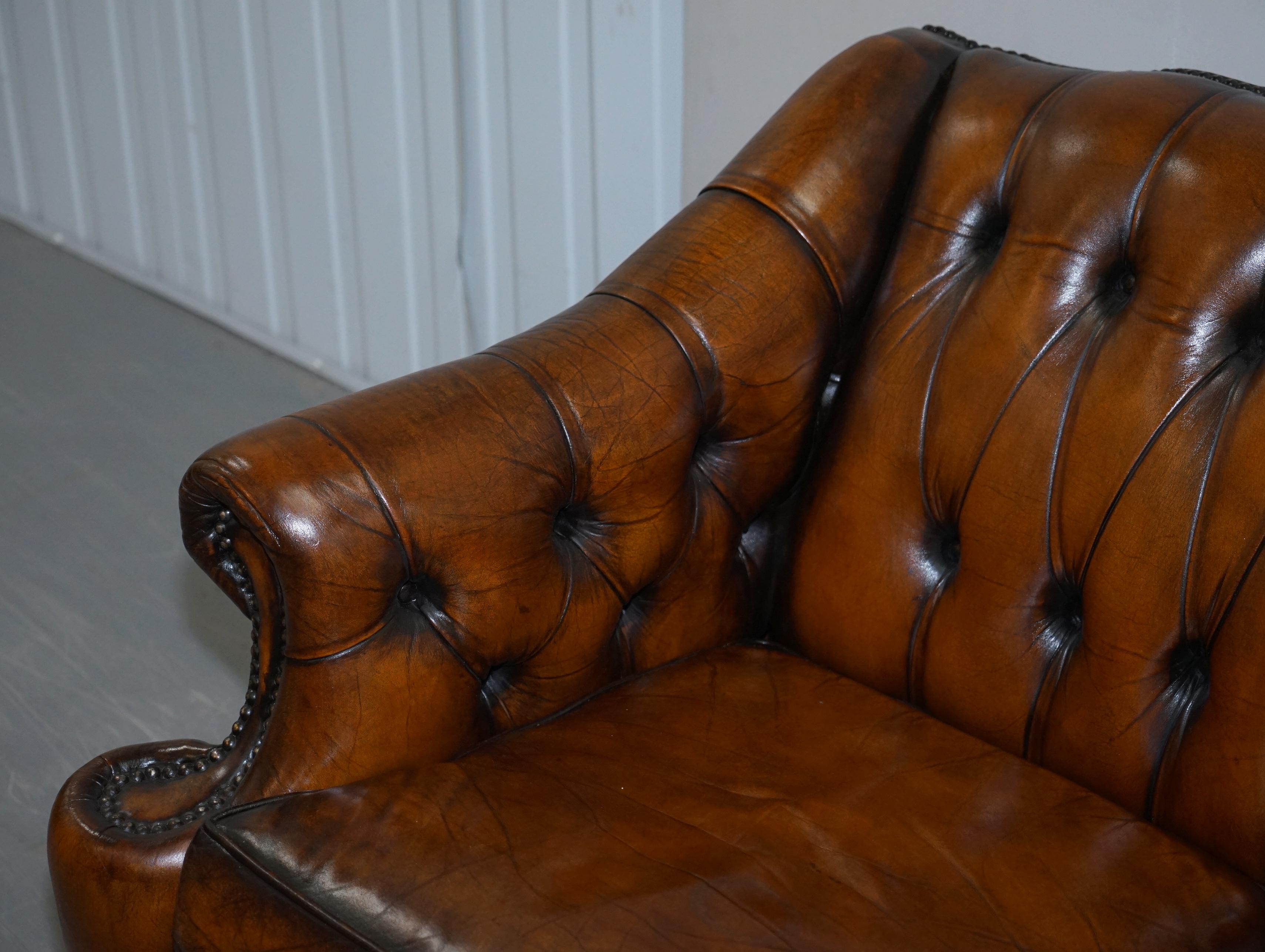 Restored Lutyen's Viceroy Style Chesterfield Brown Leather Hand Dyed 2-Seat Sofa 1