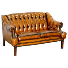 Retro Restored Lutyen's Viceroy Style Chesterfield Brown Leather Hand Dyed 2-Seat Sofa