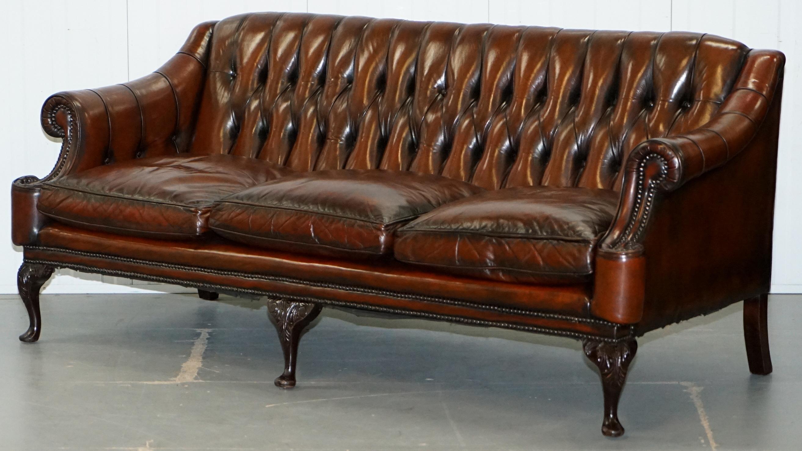 Pair of Restored Lutyen's Viceroy Chesterfield Brown Leather Hand Dyed Sofas 9