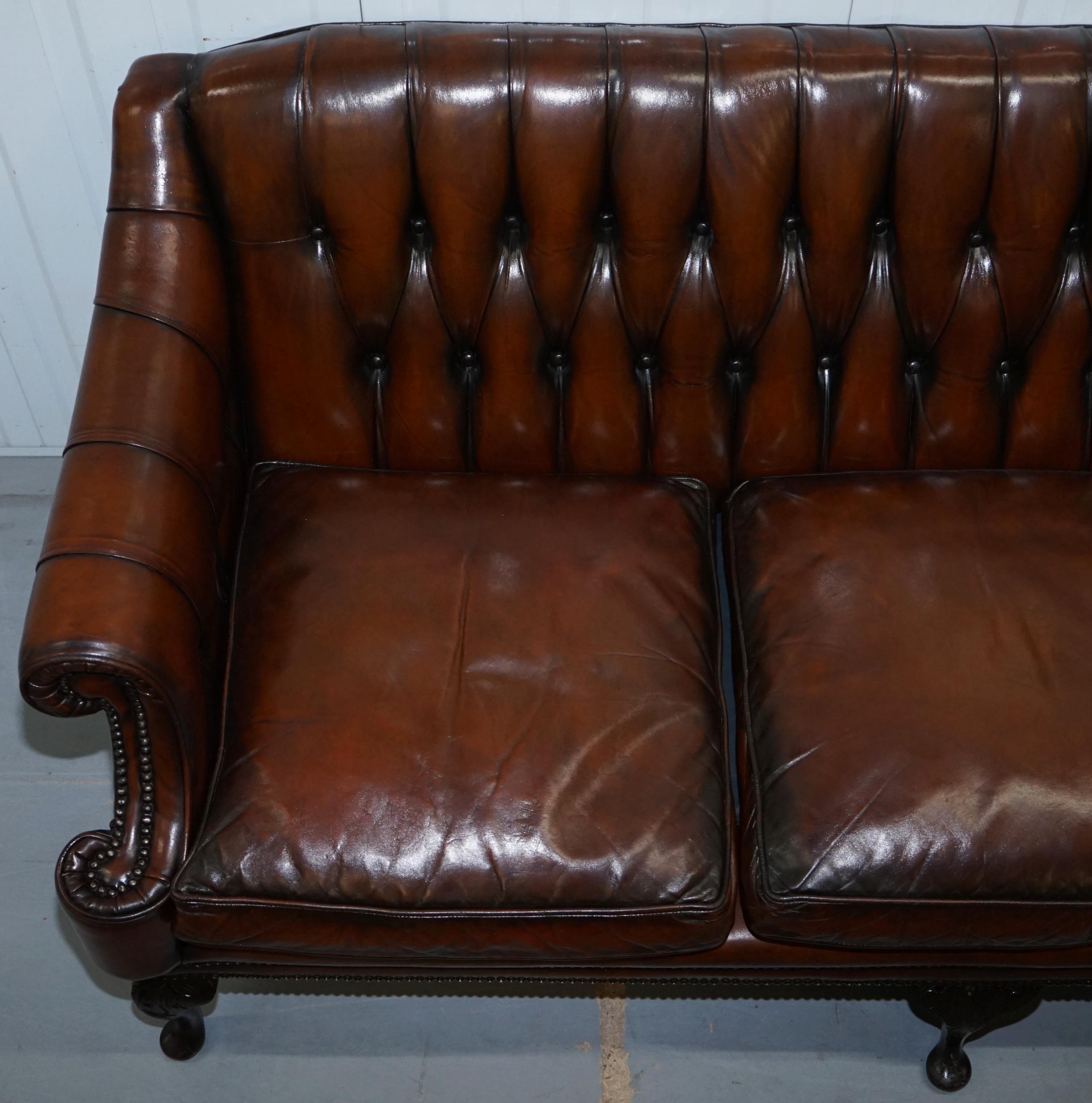 Pair of Restored Lutyen's Viceroy Chesterfield Brown Leather Hand Dyed Sofas 11