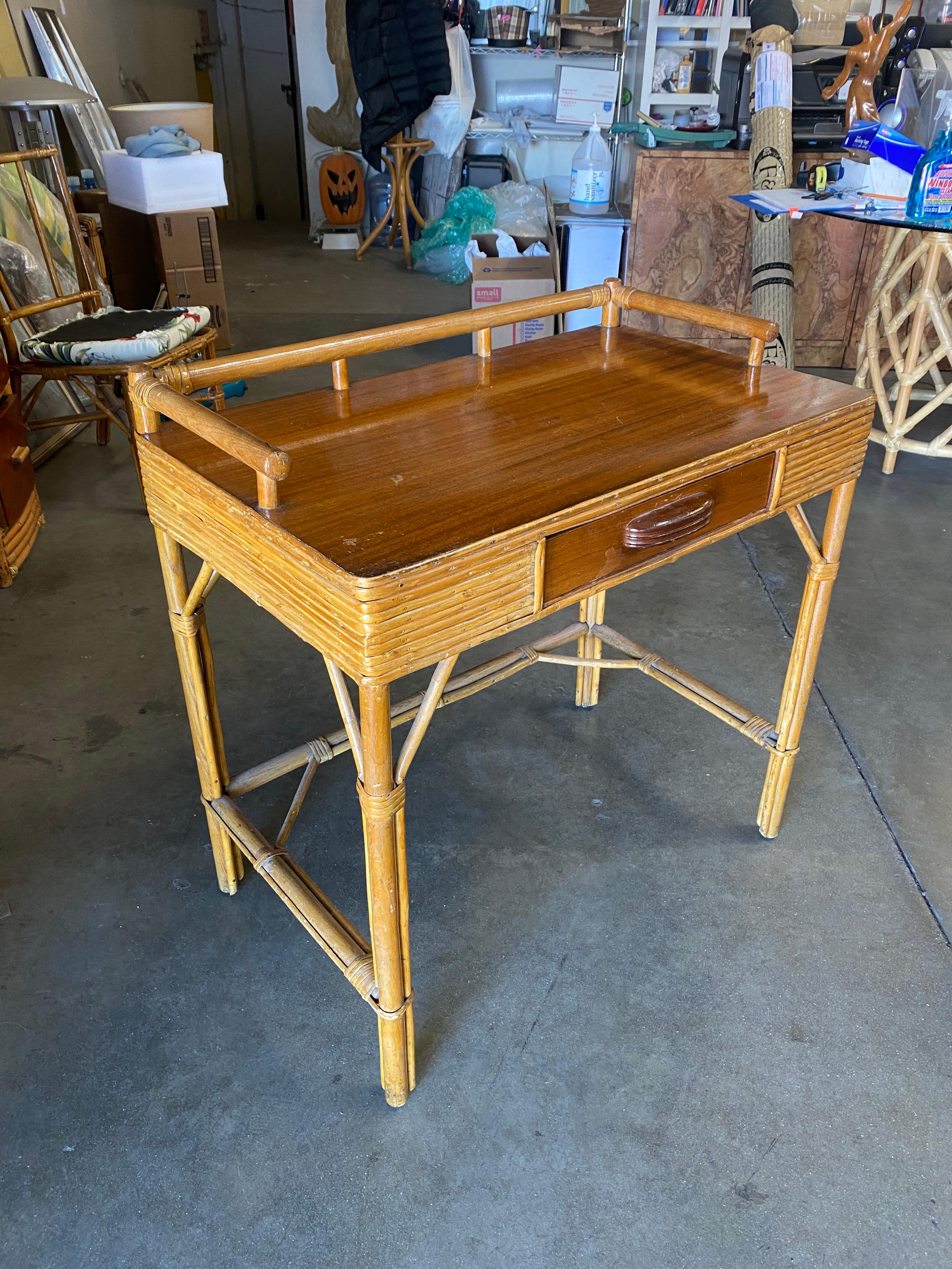 Restored Mahogany and Rattan Secretary Desk with Chair In Excellent Condition In Van Nuys, CA