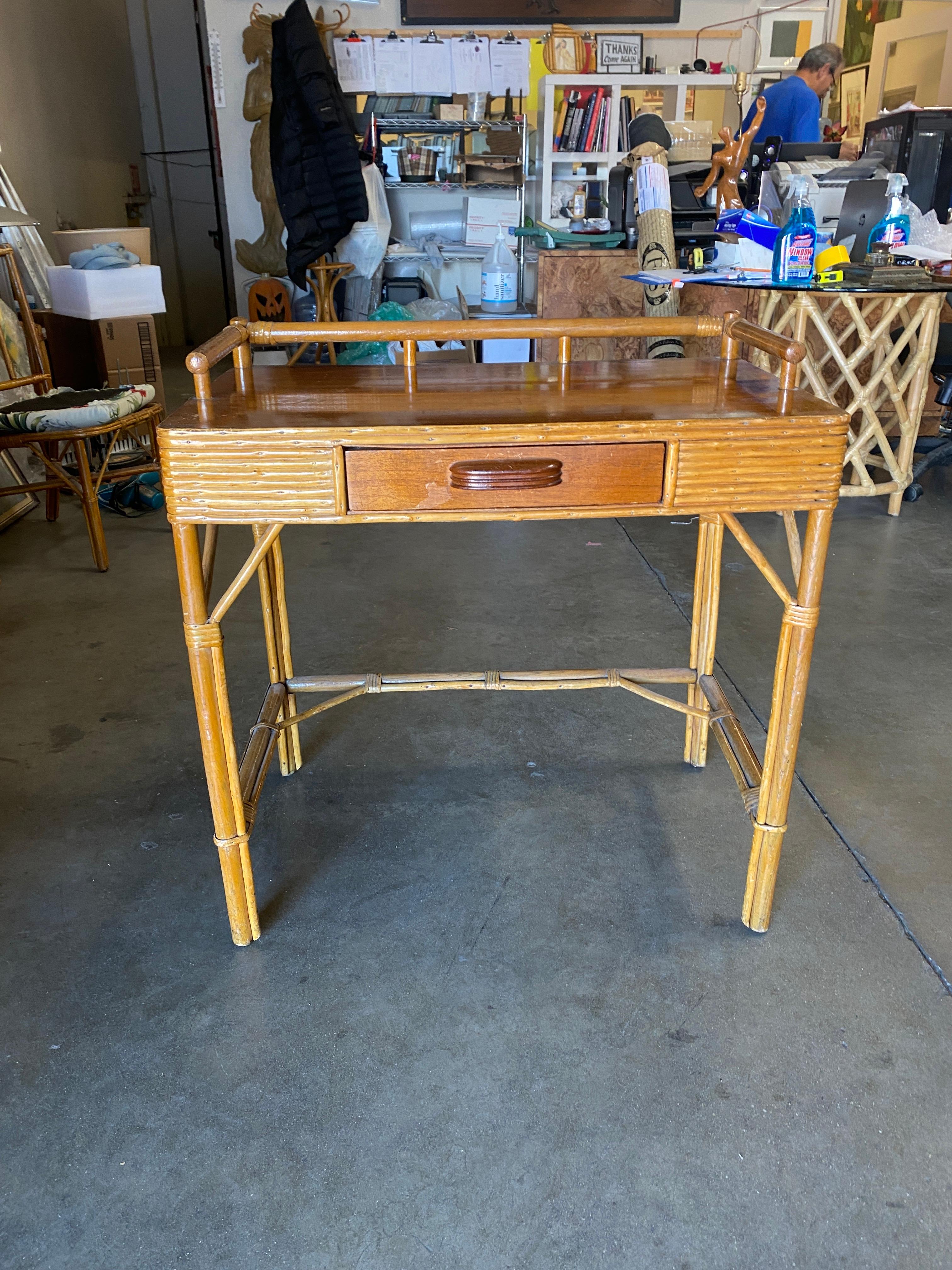 Mid-20th Century Restored Mahogany and Rattan Secretary Desk with Chair