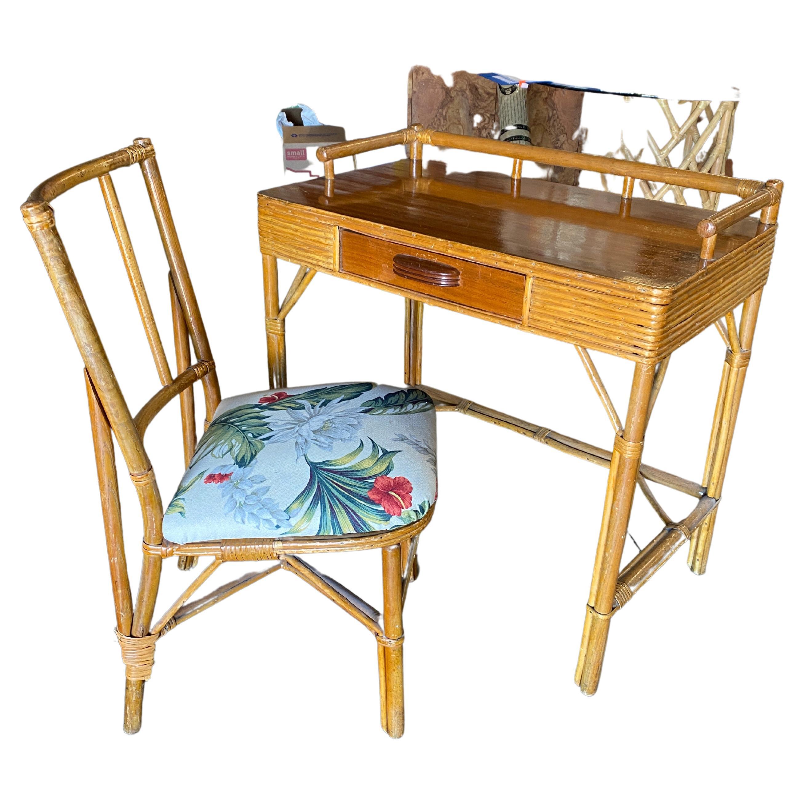 Restored Mahogany and Rattan Secretary Desk with Chair