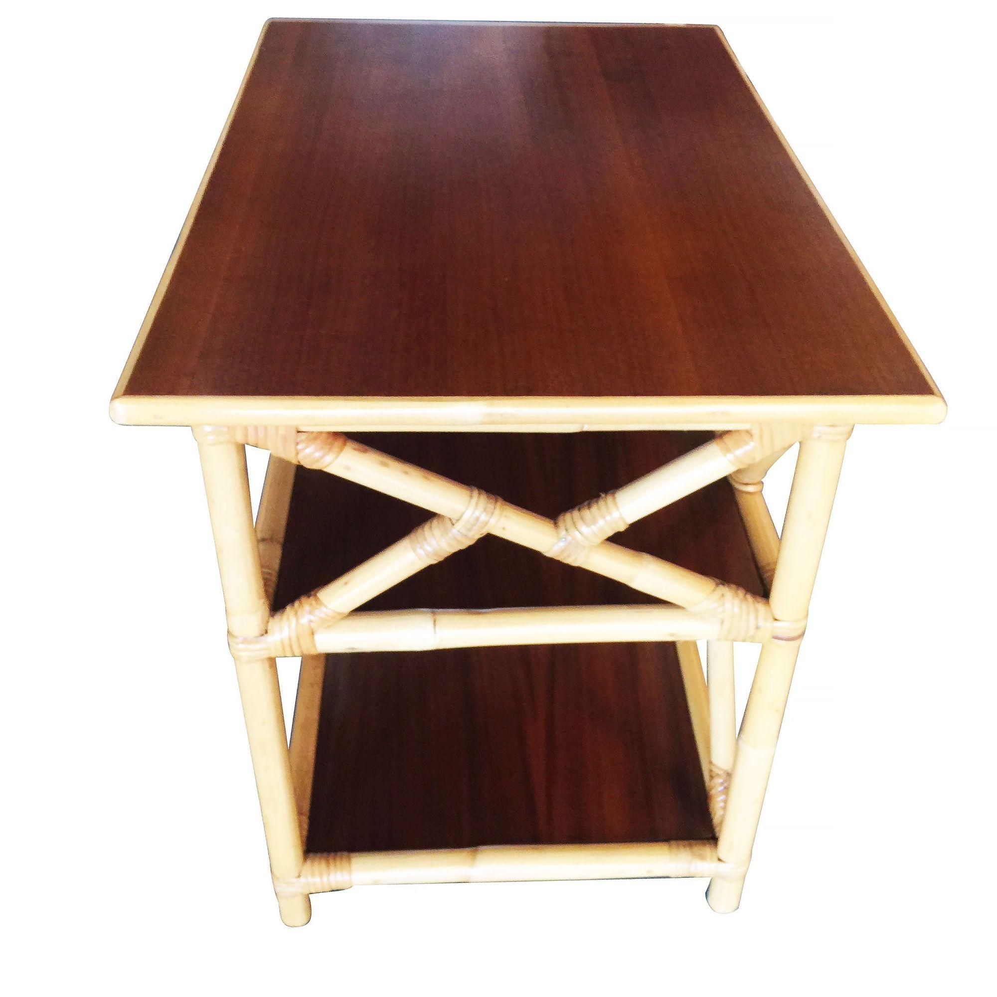 Mid-Century Modern Restored Mahogany and Rattan Three-Tier Side Table For Sale