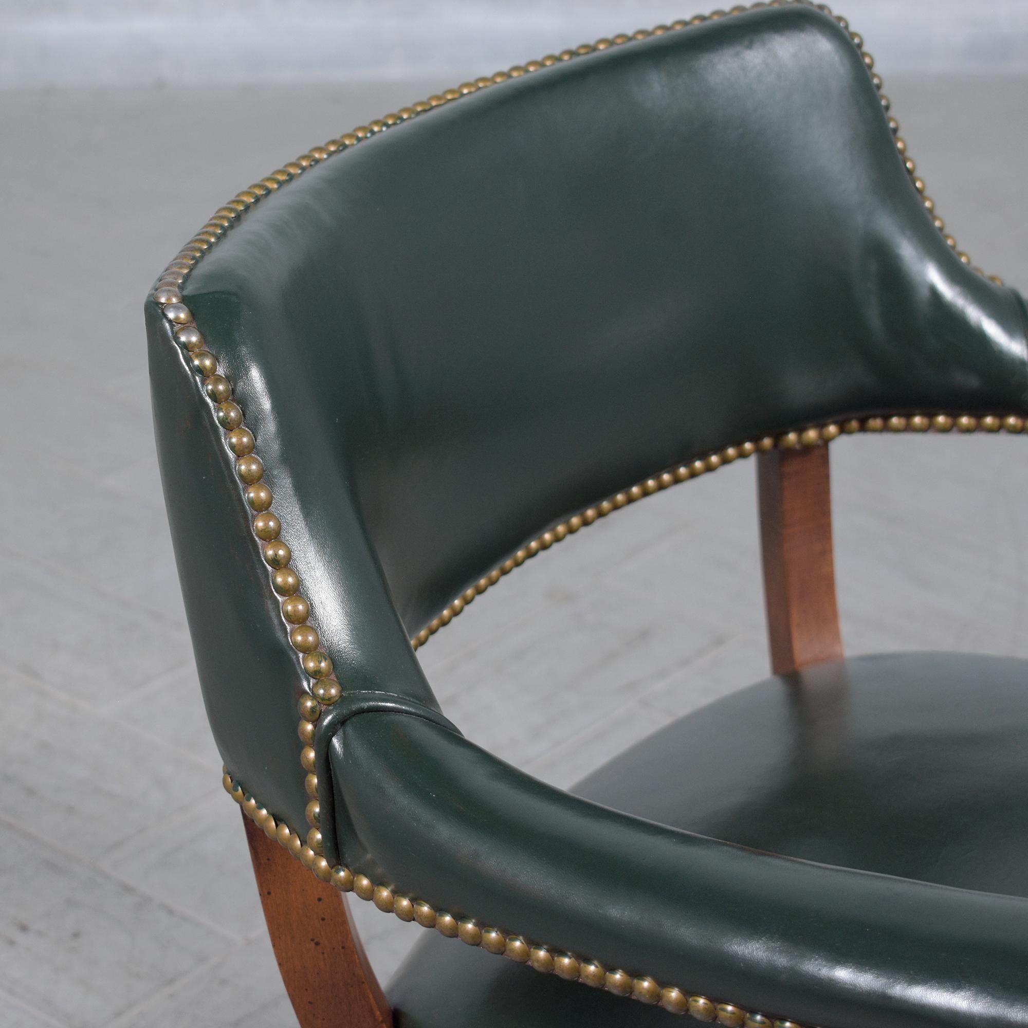 Classic Elegance: Set of 4 Mahogany Barrel Armchairs with Emerald Leather For Sale 2
