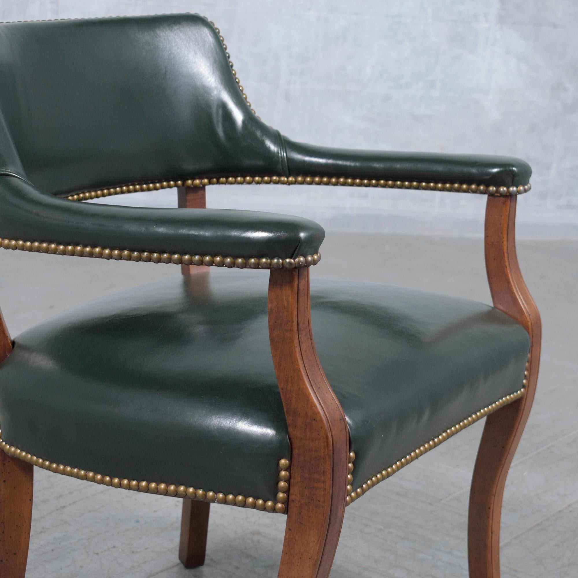 Classic Elegance: Set of 4 Mahogany Barrel Armchairs with Emerald Leather For Sale 3
