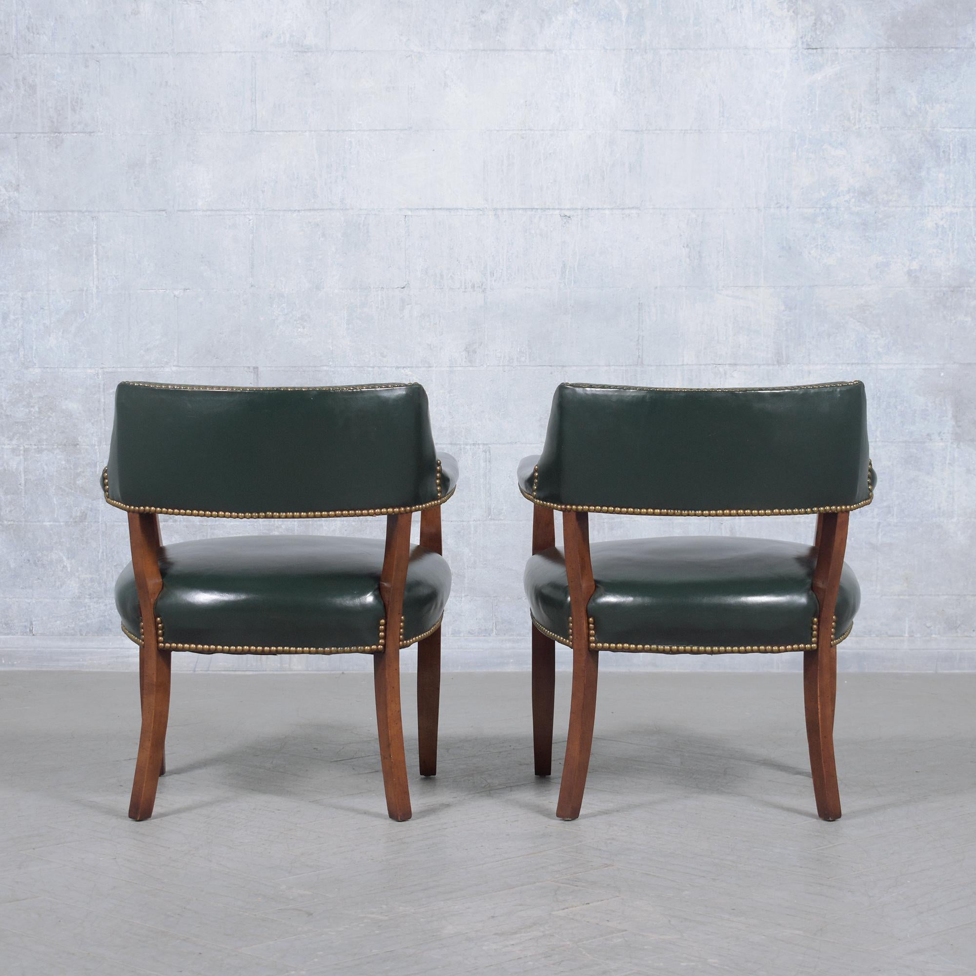 Classic Elegance: Set of 4 Mahogany Barrel Armchairs with Emerald Leather For Sale 5