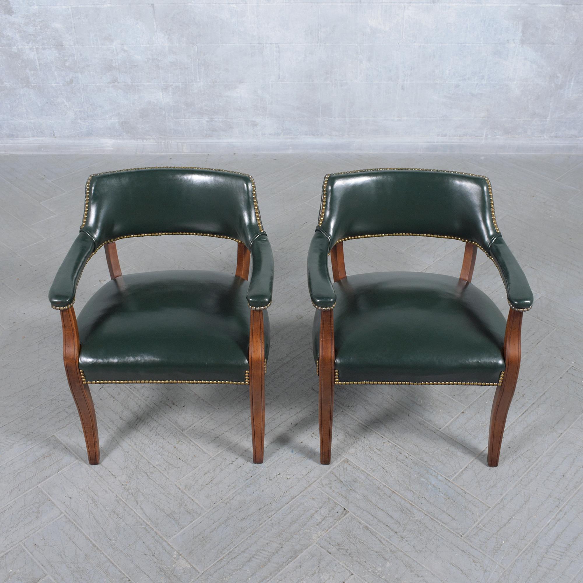 Regency Classic Elegance: Set of 4 Mahogany Barrel Armchairs with Emerald Leather For Sale