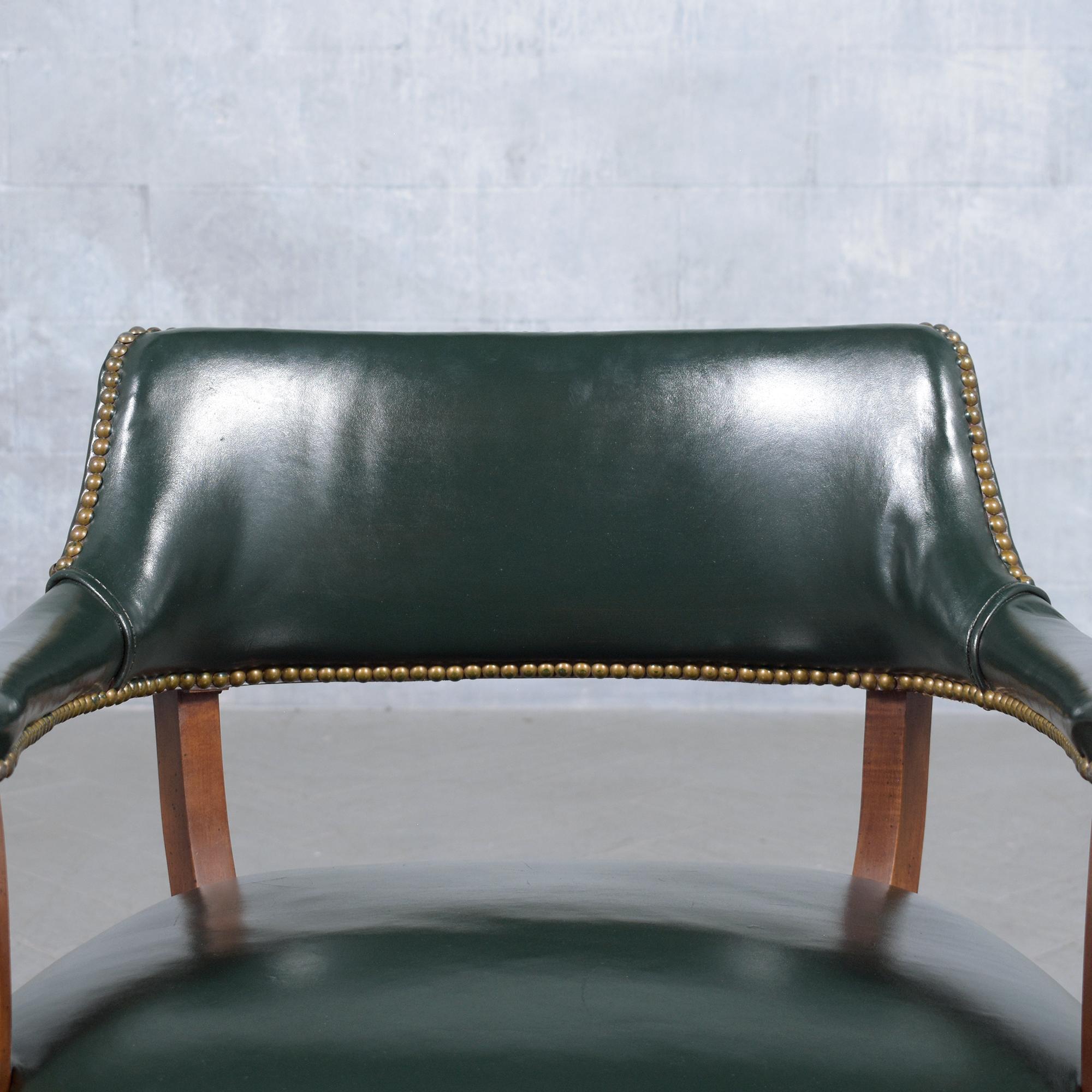 Stained Classic Elegance: Set of 4 Mahogany Barrel Armchairs with Emerald Leather For Sale