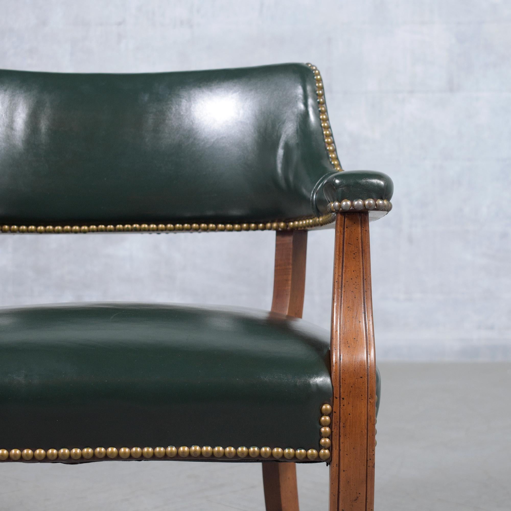 Classic Elegance: Set of 4 Mahogany Barrel Armchairs with Emerald Leather In Good Condition For Sale In Los Angeles, CA