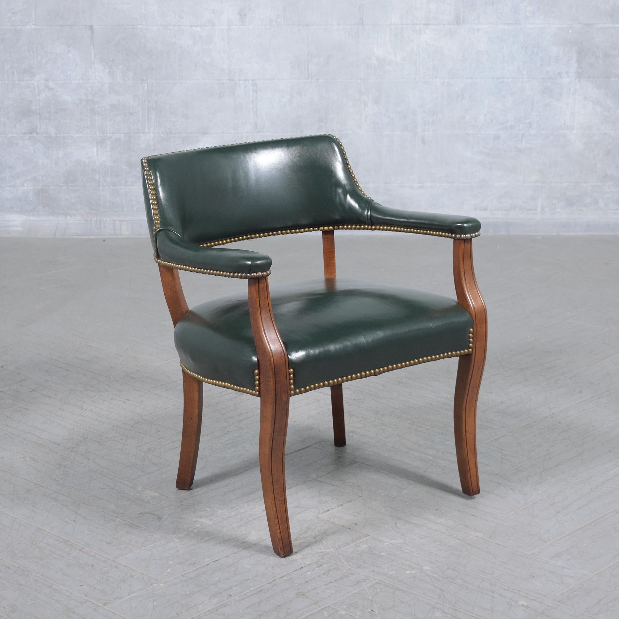 Classic Elegance: Set of 4 Mahogany Barrel Armchairs with Emerald Leather For Sale 1
