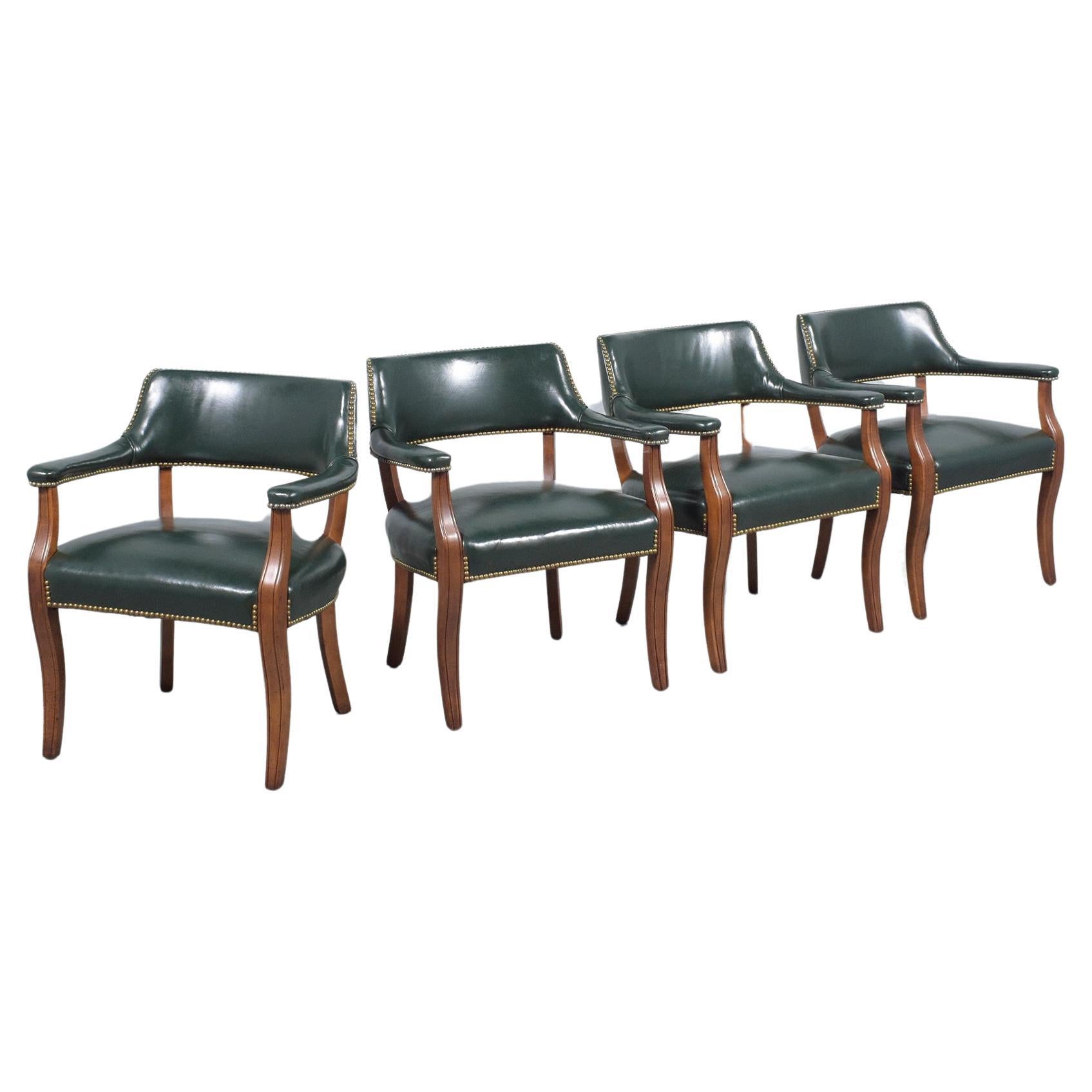 Classic Elegance: Set of 4 Mahogany Barrel Armchairs with Emerald Leather For Sale
