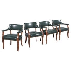Retro Classic Elegance: Set of 4 Mahogany Barrel Armchairs with Emerald Leather