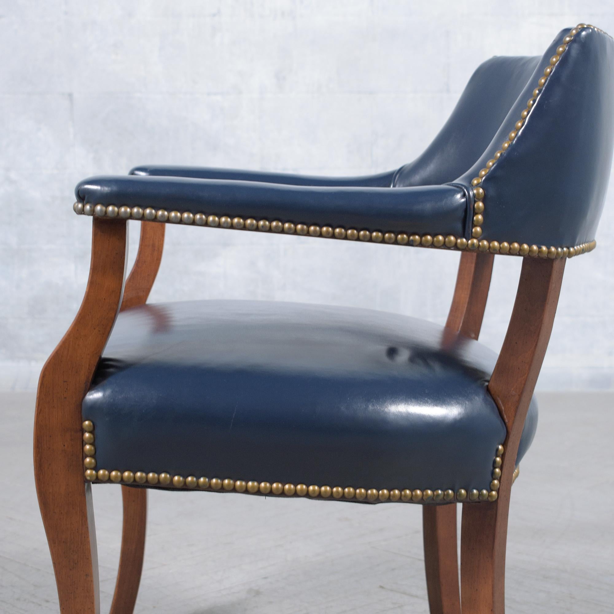Timeless Mahogany Barrel Armchairs with Navy Leather Upholstery For Sale 3