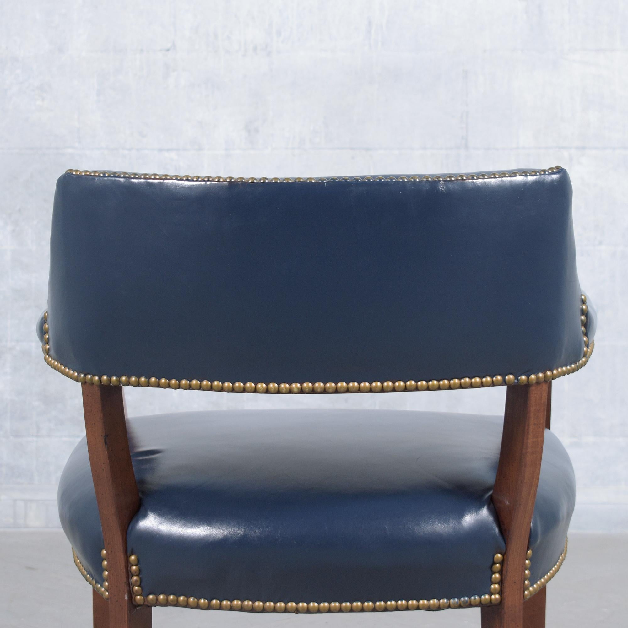 Timeless Mahogany Barrel Armchairs with Navy Leather Upholstery For Sale 7