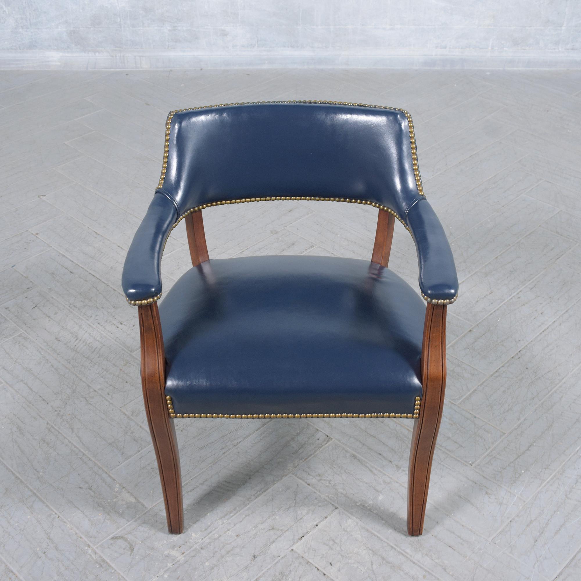 Hand-Crafted Timeless Mahogany Barrel Armchairs with Navy Leather Upholstery For Sale