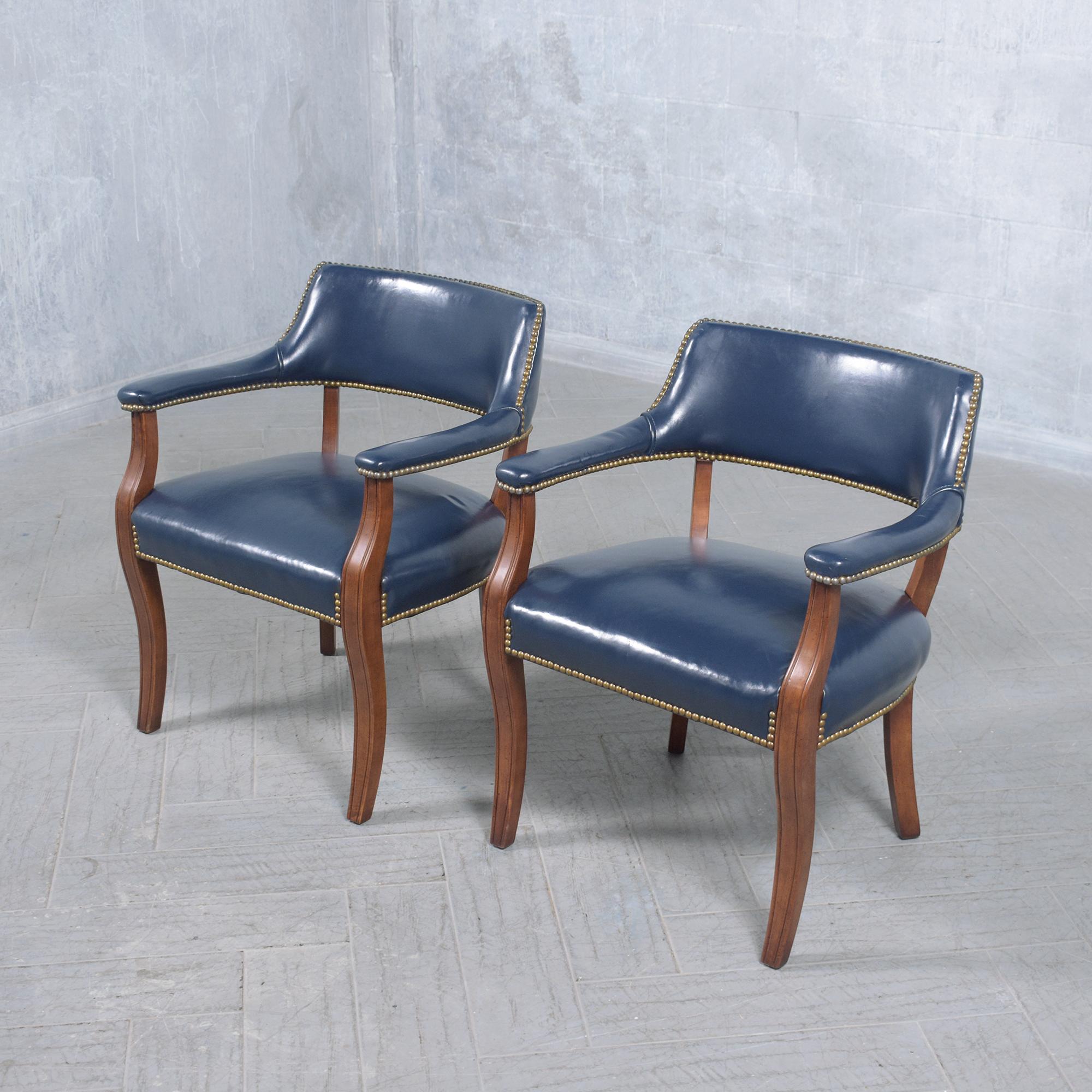 Mid-20th Century Timeless Mahogany Barrel Armchairs with Navy Leather Upholstery For Sale