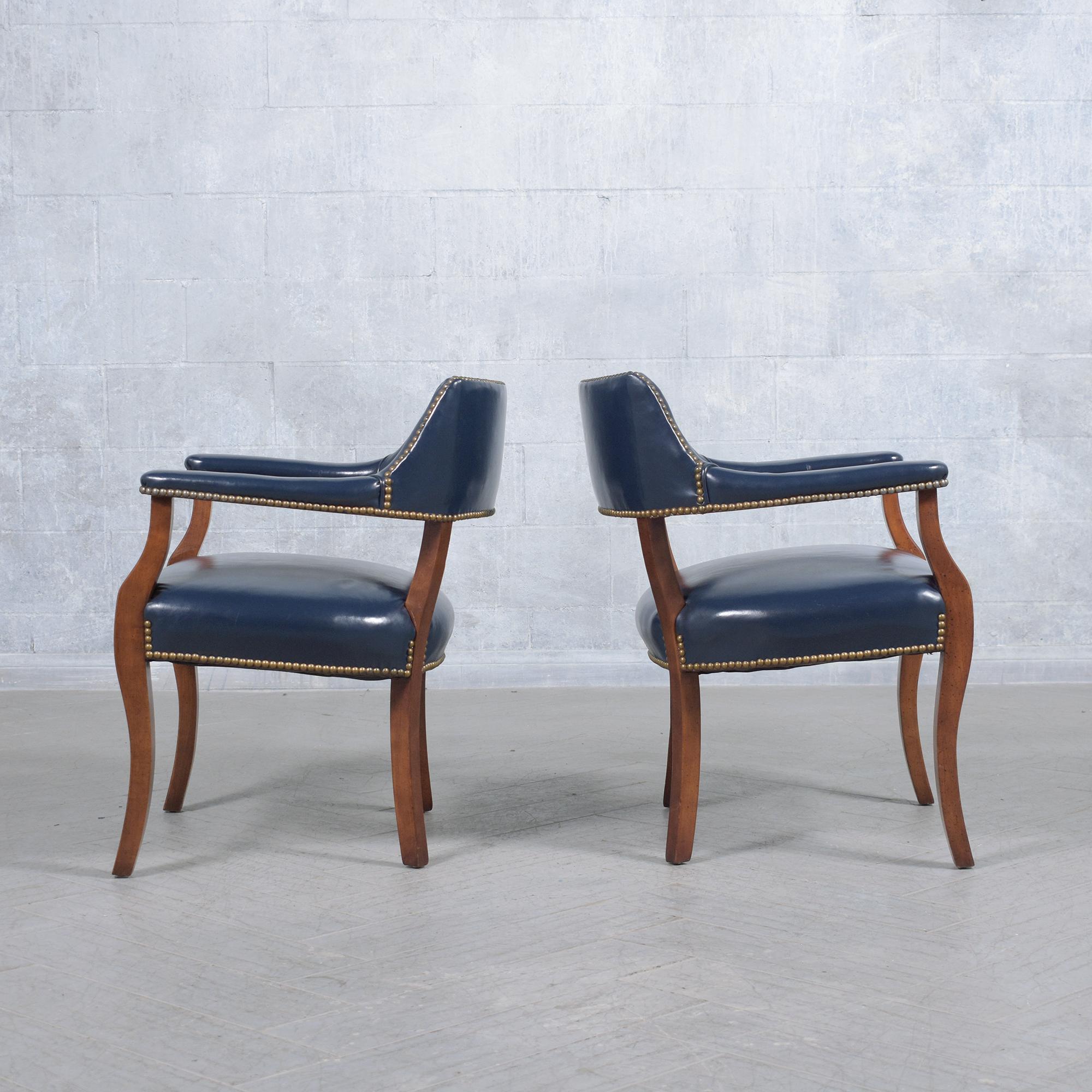 Timeless Mahogany Barrel Armchairs with Navy Leather Upholstery For Sale 2