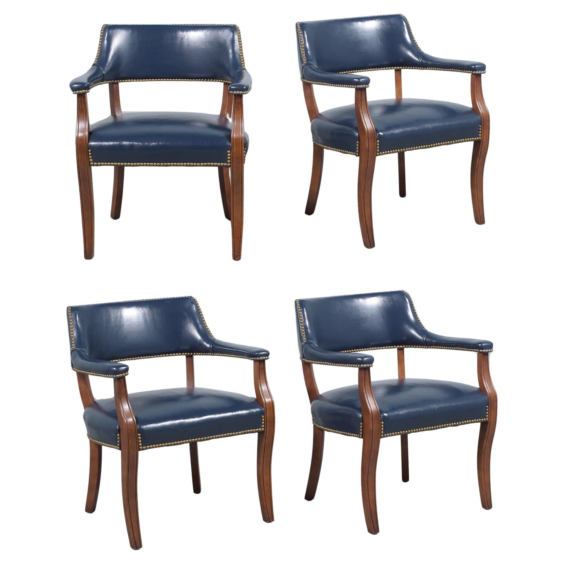 Timeless Mahogany Barrel Armchairs with Navy Leather Upholstery For Sale