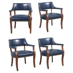 Vintage Timeless Mahogany Barrel Armchairs with Navy Leather Upholstery