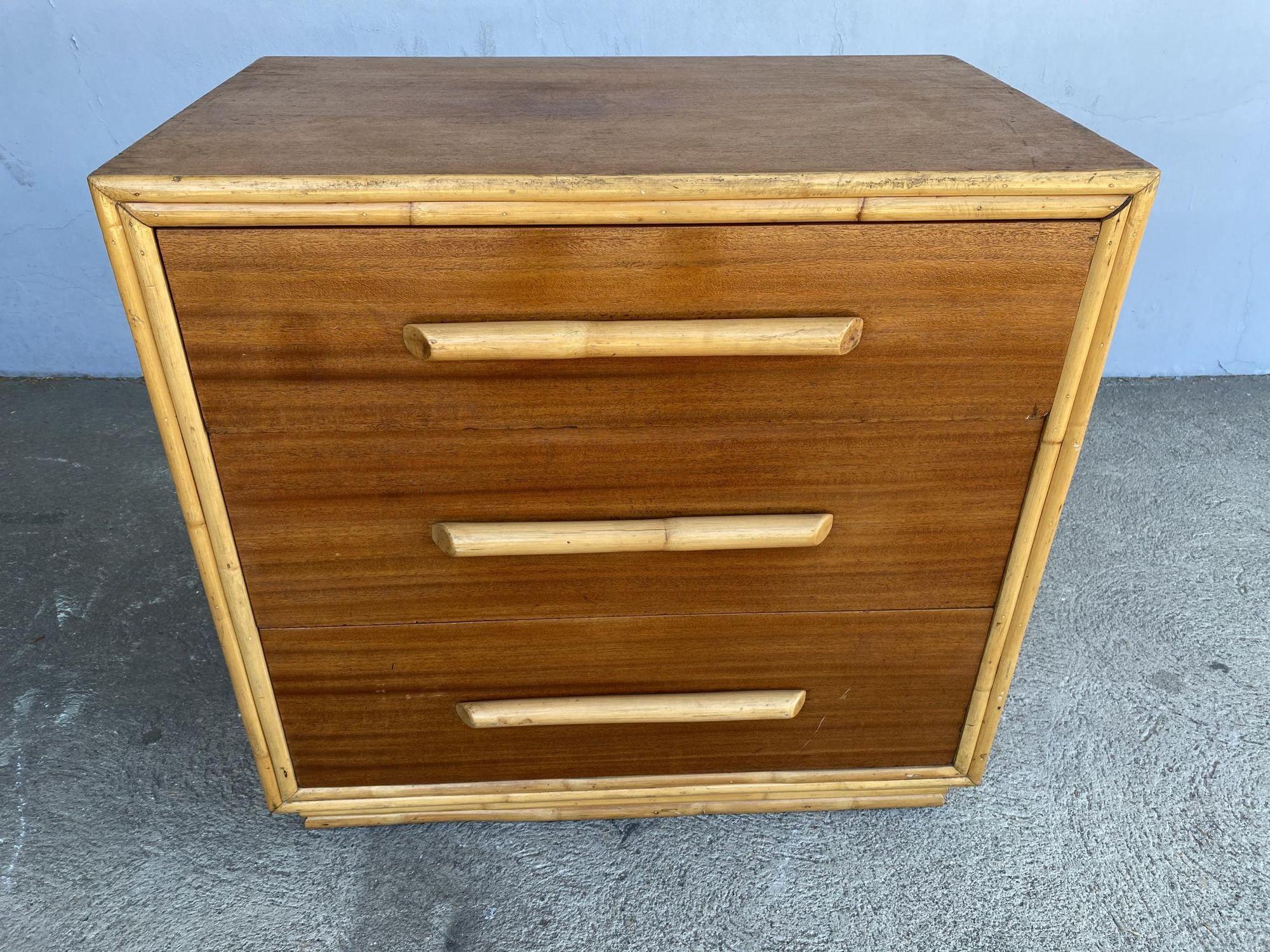 American Restored Mahogany Lowboy Dresser Nightstand W/ Rattan Accents For Sale