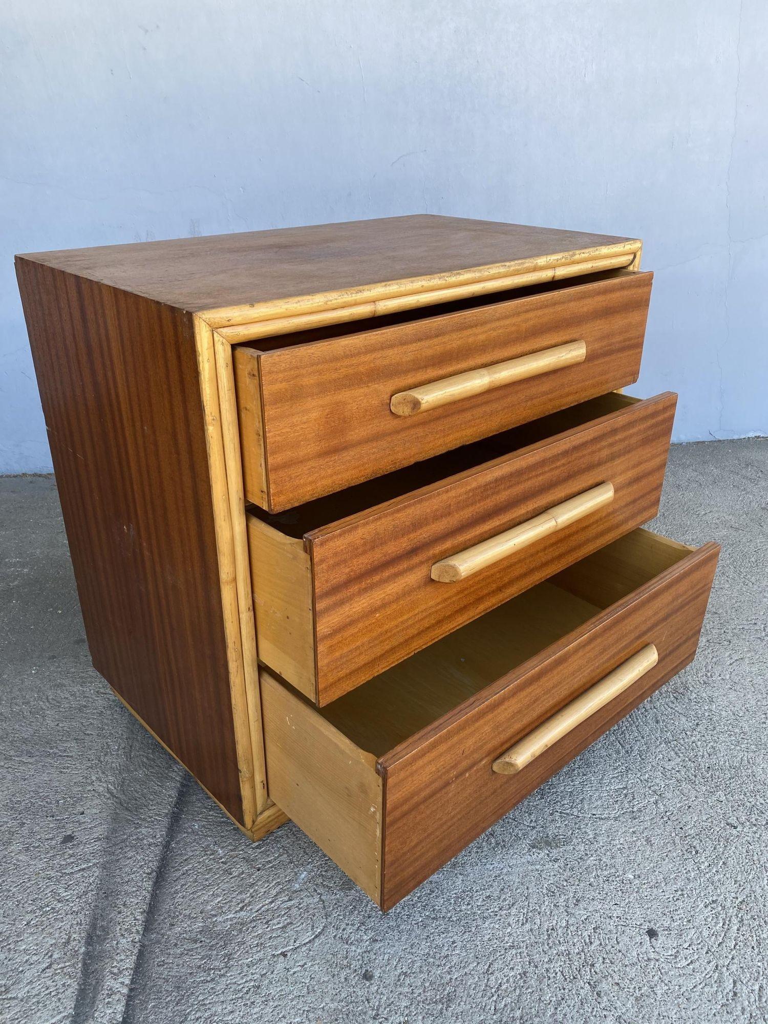 Restored Mahogany Lowboy Dresser Nightstand W/ Rattan Accents In Excellent Condition For Sale In Van Nuys, CA