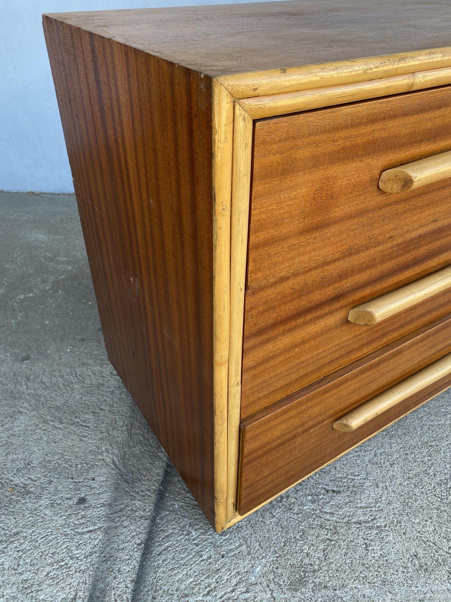 Mid-20th Century Restored Mahogany Lowboy Dresser Nightstand W/ Rattan Accents For Sale