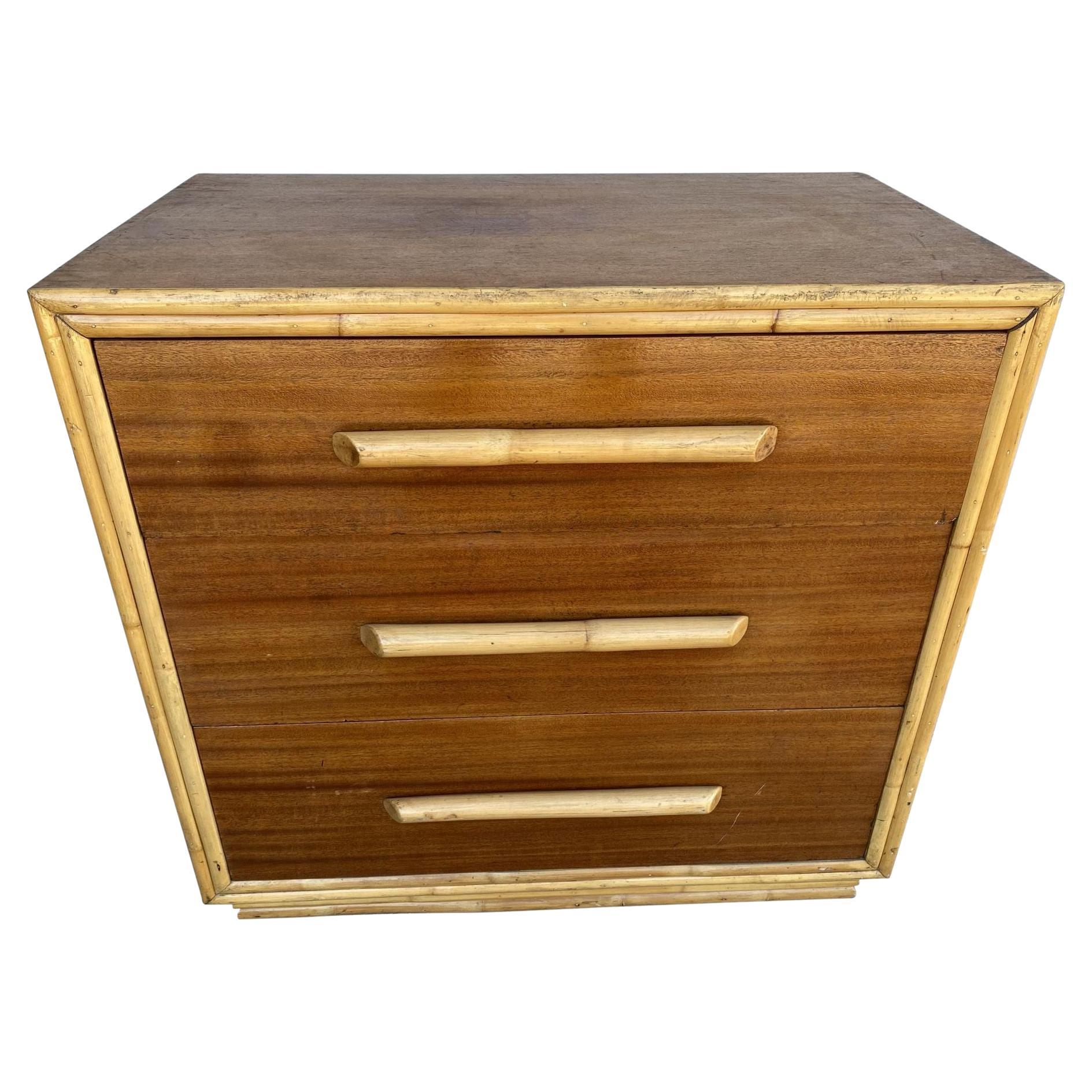 Restored Mahogany Lowboy Dresser Nightstand W/ Rattan Accents For Sale