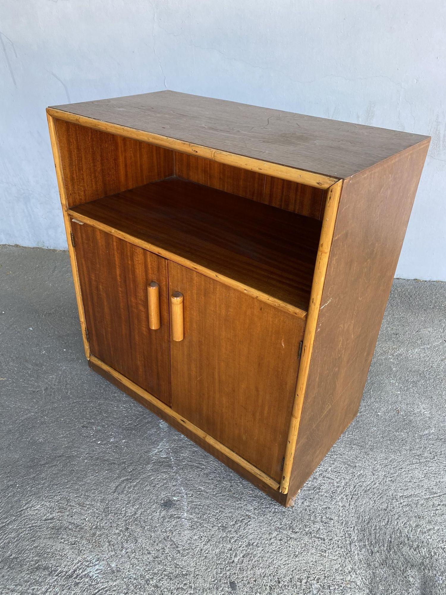 Restored Mahogany & Rattan Cabinet W/ Cubby Space In Excellent Condition For Sale In Van Nuys, CA