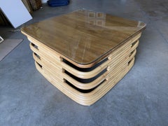 Restored Mahogany Top Stacked Slat Rattan Coffee Table w/ Glass Top