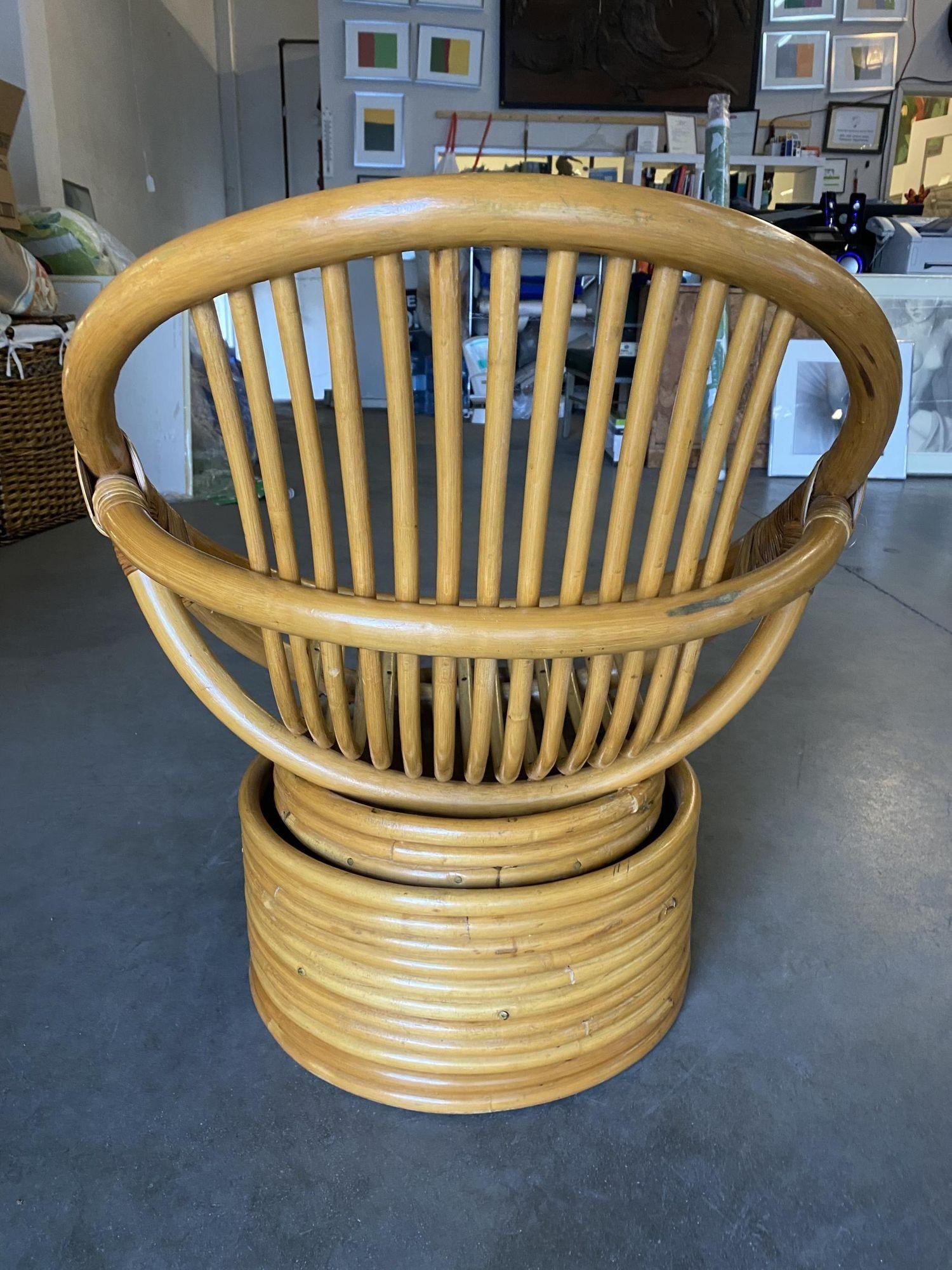 Restored Mamasan Rattan Swivel Bucket Lounge Chair, Pair For Sale 1