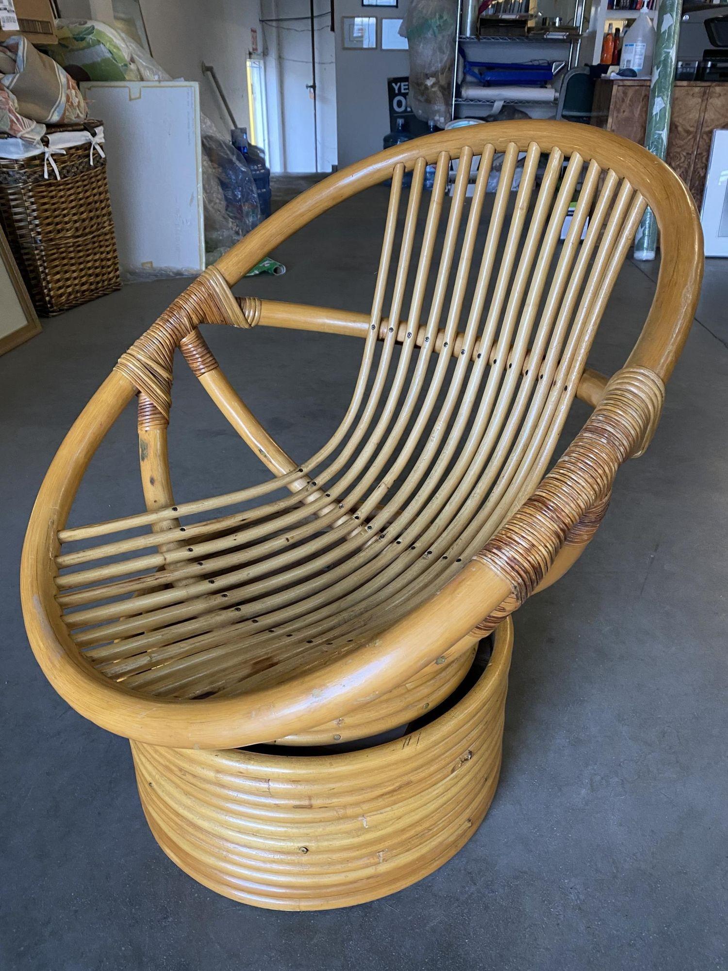 Modern Restored Mamasan Rattan Swivel Bucket Lounge Chair, Pair For Sale