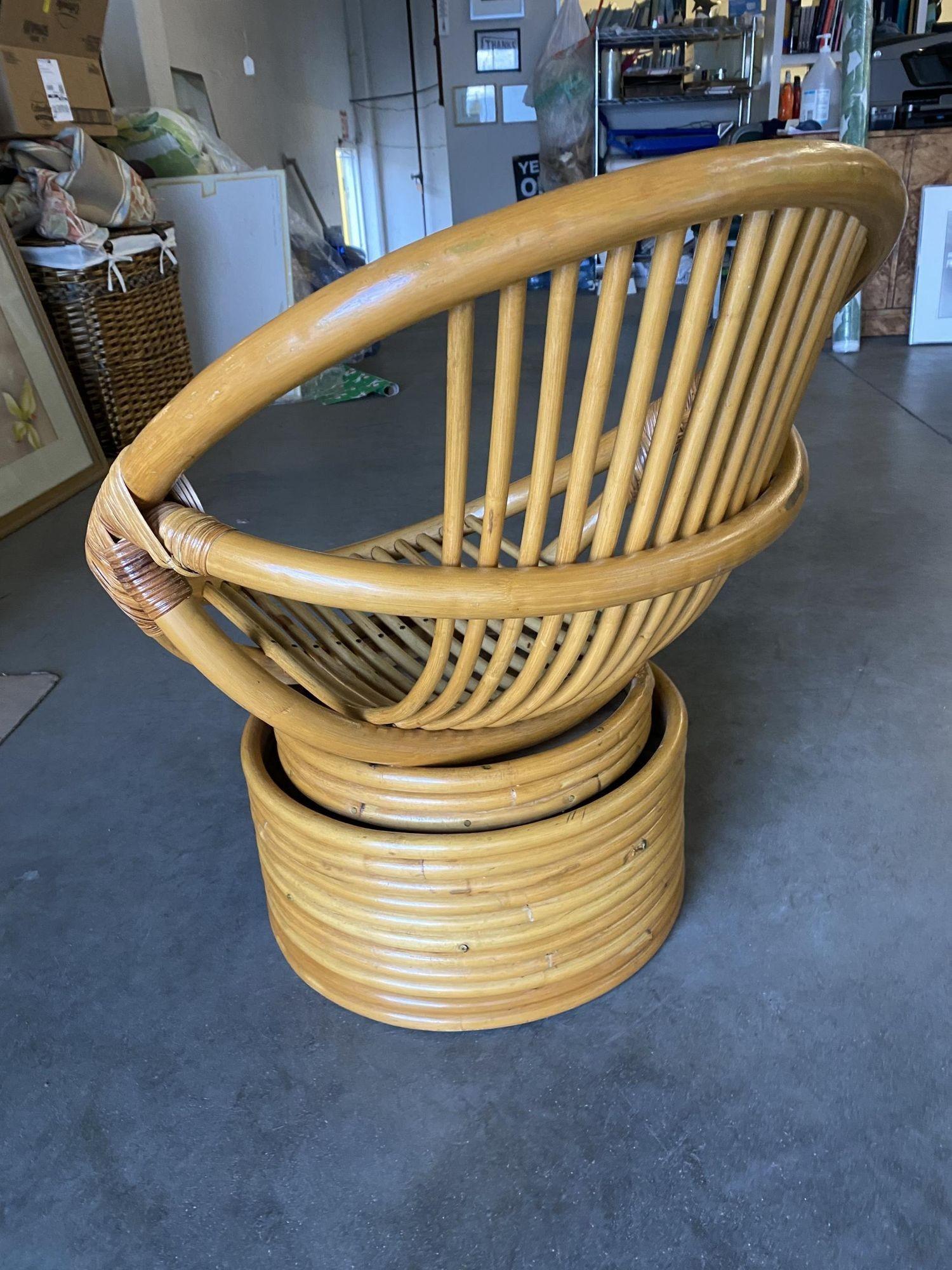Restored Mamasan Rattan Swivel Bucket Lounge Chair, Pair In Excellent Condition For Sale In Van Nuys, CA