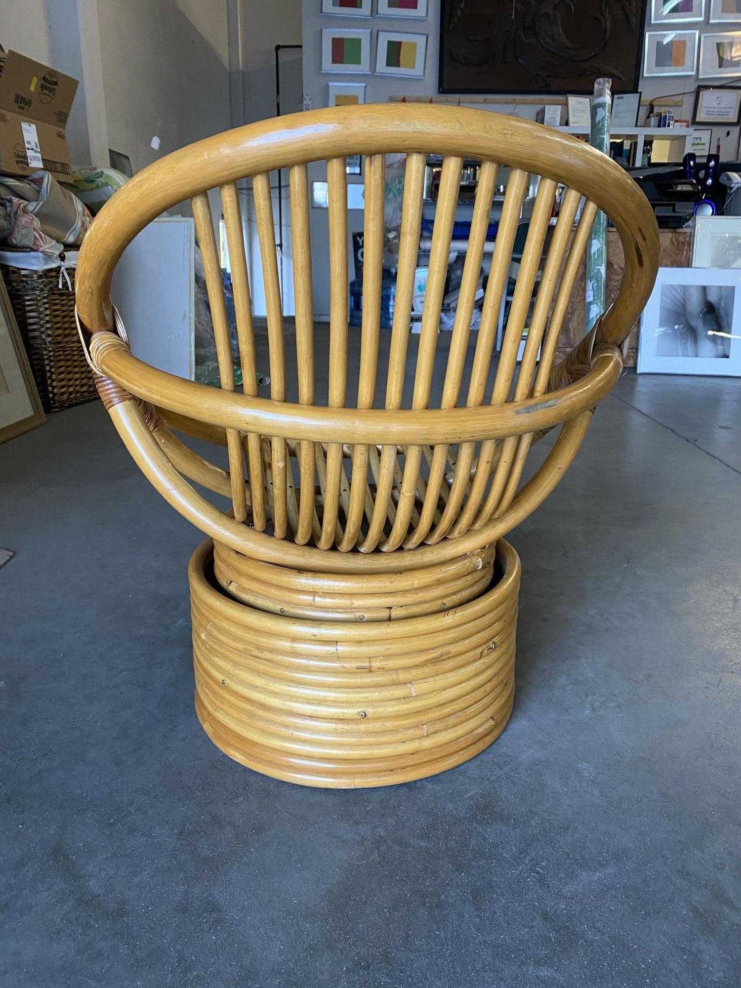 Late 20th Century Restored Mamasan Rattan Swivel Bucket Lounge Chair, Pair For Sale