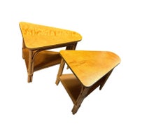 Restored MCM 2-Tiered Vertically Stacked Rattan Arched Wedge Table, Pair