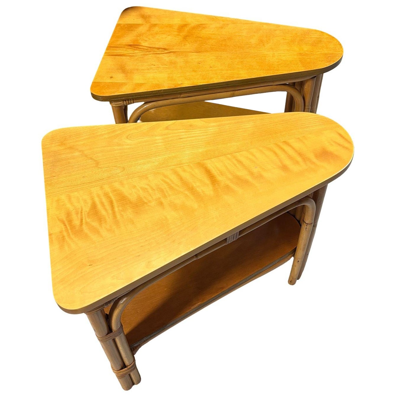 Restored MCM 2-Tiered Vertically Stacked Rattan Arched Wedge Table, Pair For Sale