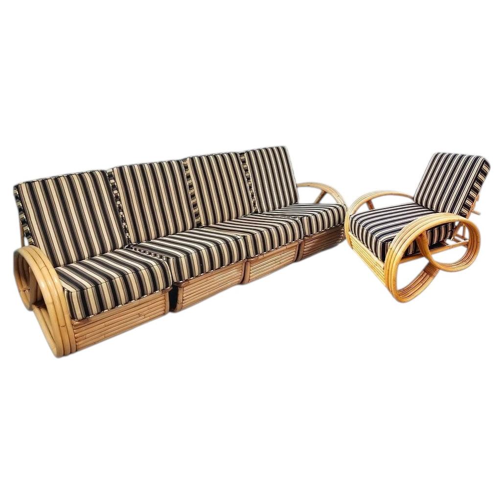 Ensemble de salon avec canapé sectionnel et fauteuil inclinable en rotin MCM 3/4 restauré