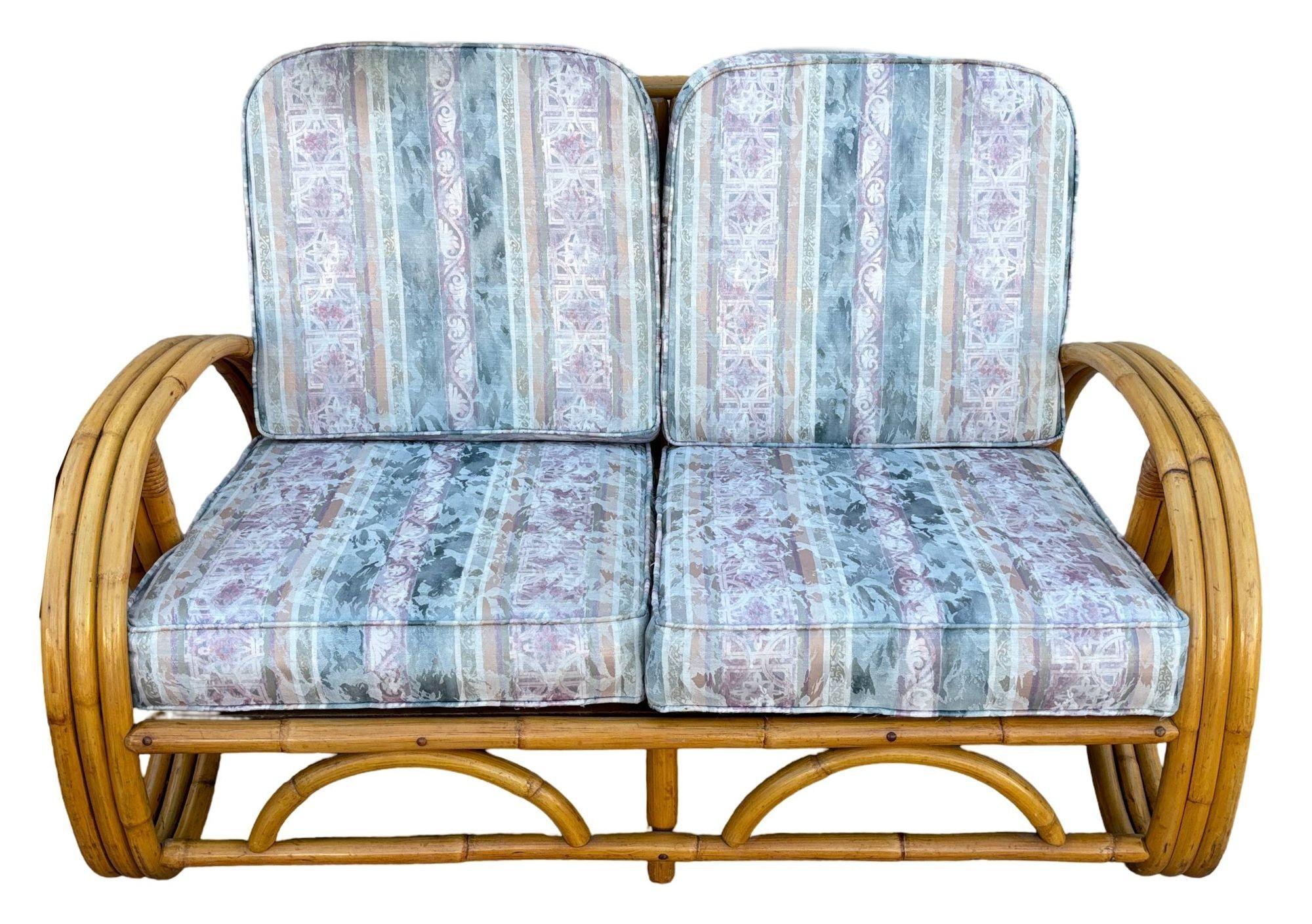 Mid-Century Modern Restored MCM 3-Strand 3/4 Pretzel Arm Rattan Sofa & Settee Living Room Set For Sale