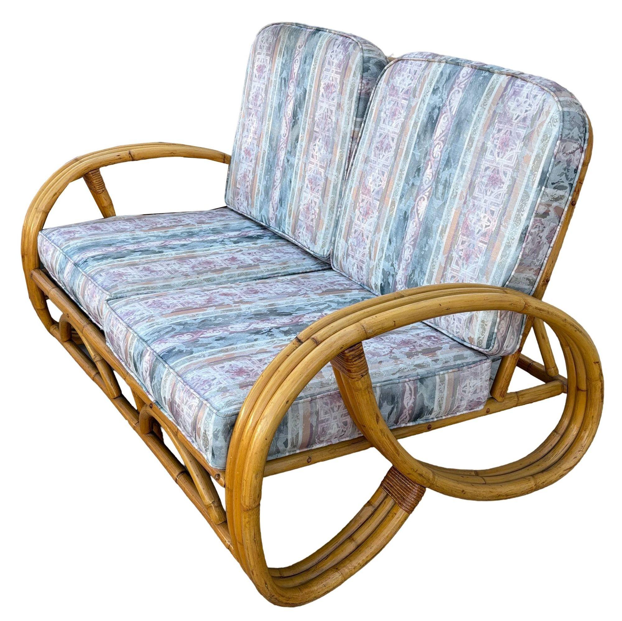 American Restored MCM 3-Strand 3/4 Pretzel Arm Rattan Sofa & Settee Living Room Set For Sale