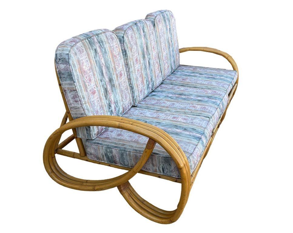 Restored MCM 3-Strand 3/4 Pretzel Arm Rattan Sofa & Settee Living Room Set In Excellent Condition For Sale In Van Nuys, CA